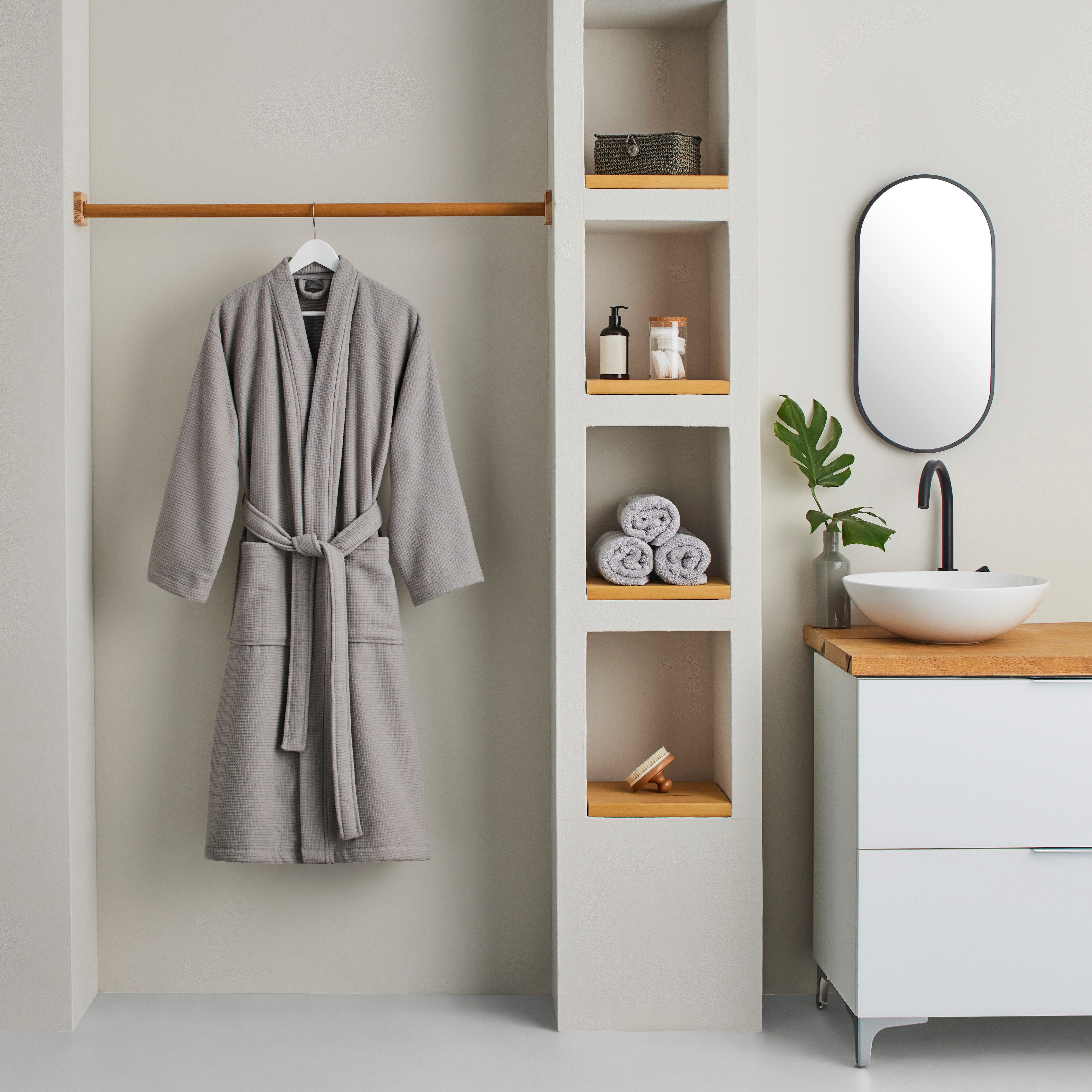 OTTO home Unisex-Bademantel Merida, Waffelpiqué, Premium Qualität, 500 g/m², Morgenmantel, Langform, Frottier, Kimono-Kragen, Gürtel, Hotelbademantel, dicke Qualität, S-2XL, auch ideal für Sauna & Spa