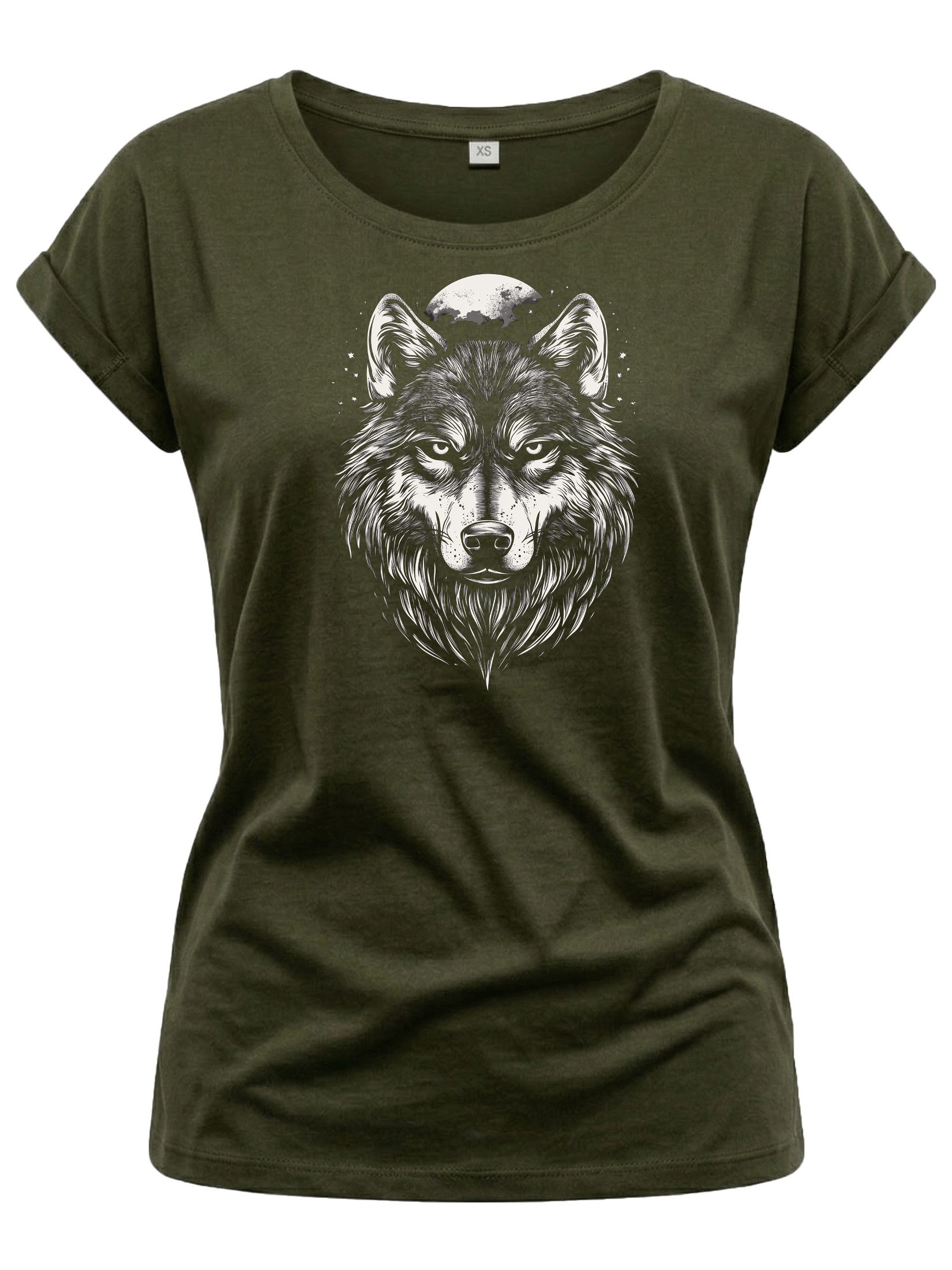 Print-Shirt mit Wolf Motiv für Damen Wolfskopf Viking Wikinger Top