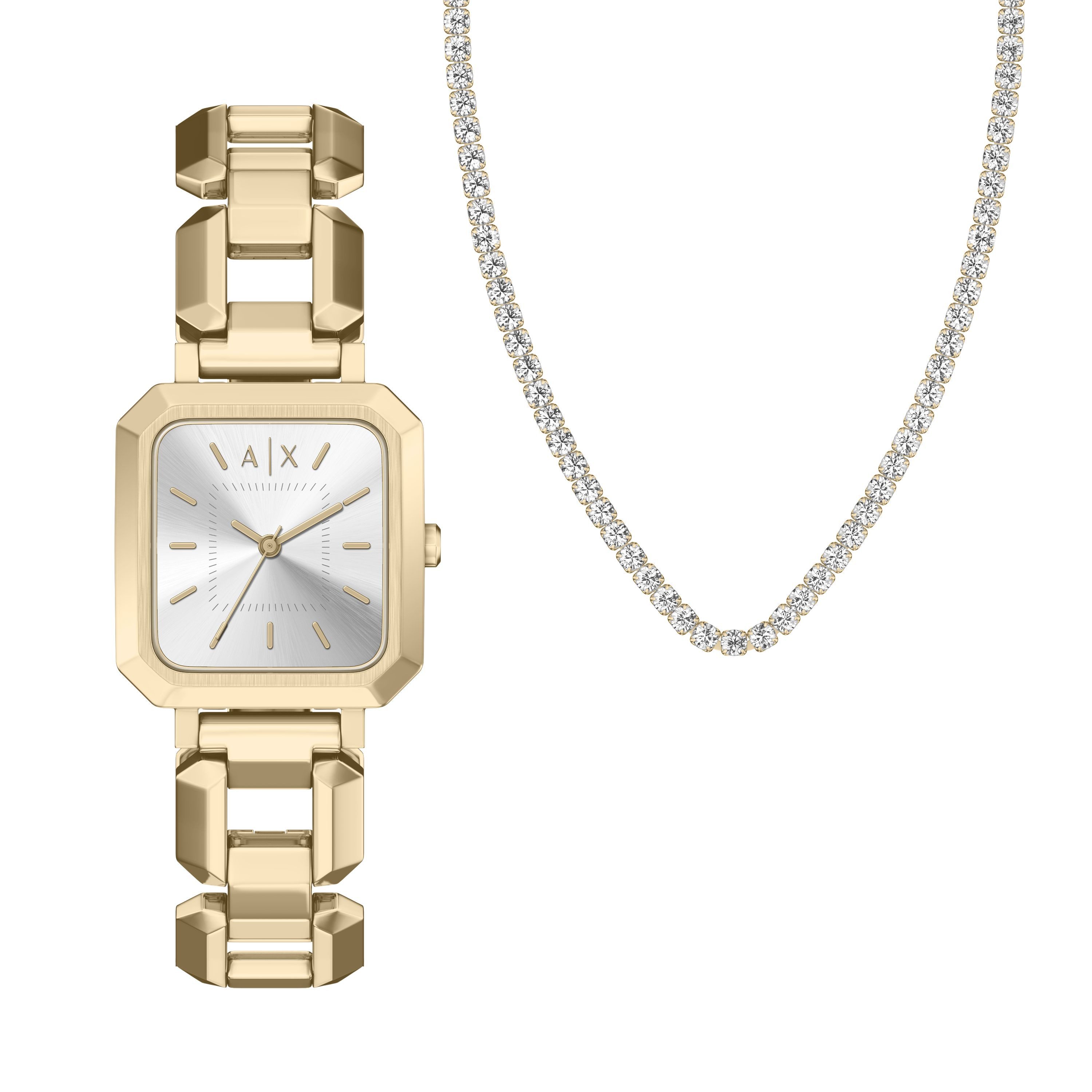 ARMANI EXCHANGE Quarzuhr AX7186SET, (Set, 2-tlg., Uhr mit Halskette), Armbanduhr, Damenuhr, Edelstahlarmband, Ideal auch als Geschenk