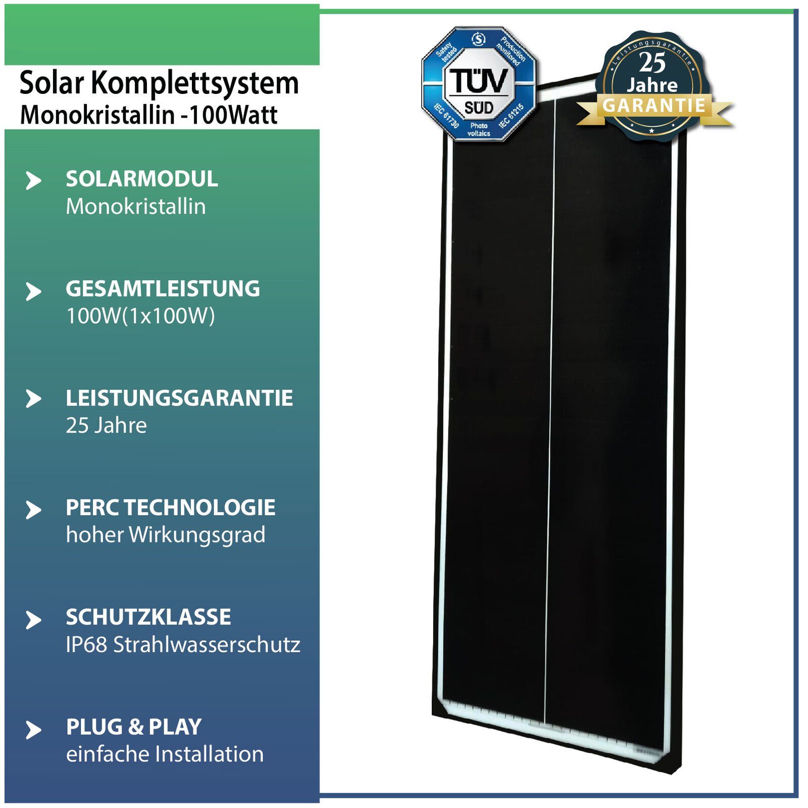 12V, Solarpanel Monokristallines Rahmen-46 Wohnmobile cm Schwarz Solarmodul Solaranlage für 10x100W & Photovoltaik Solarmodul Wohnwagen Camper, Stegpearl