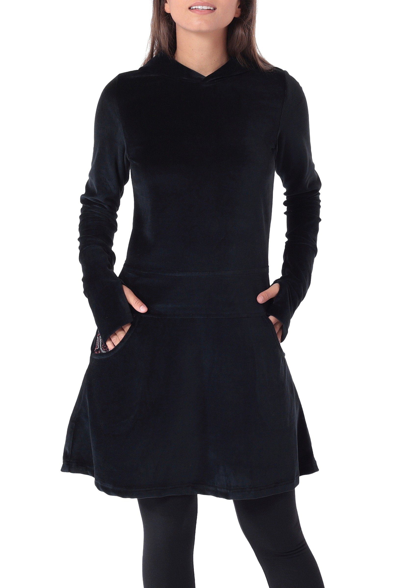 PUREWONDER Samtkleid Alternatives Kleid aus Samt mit Kapuze Nr. 137 Schwarz günstig online kaufen