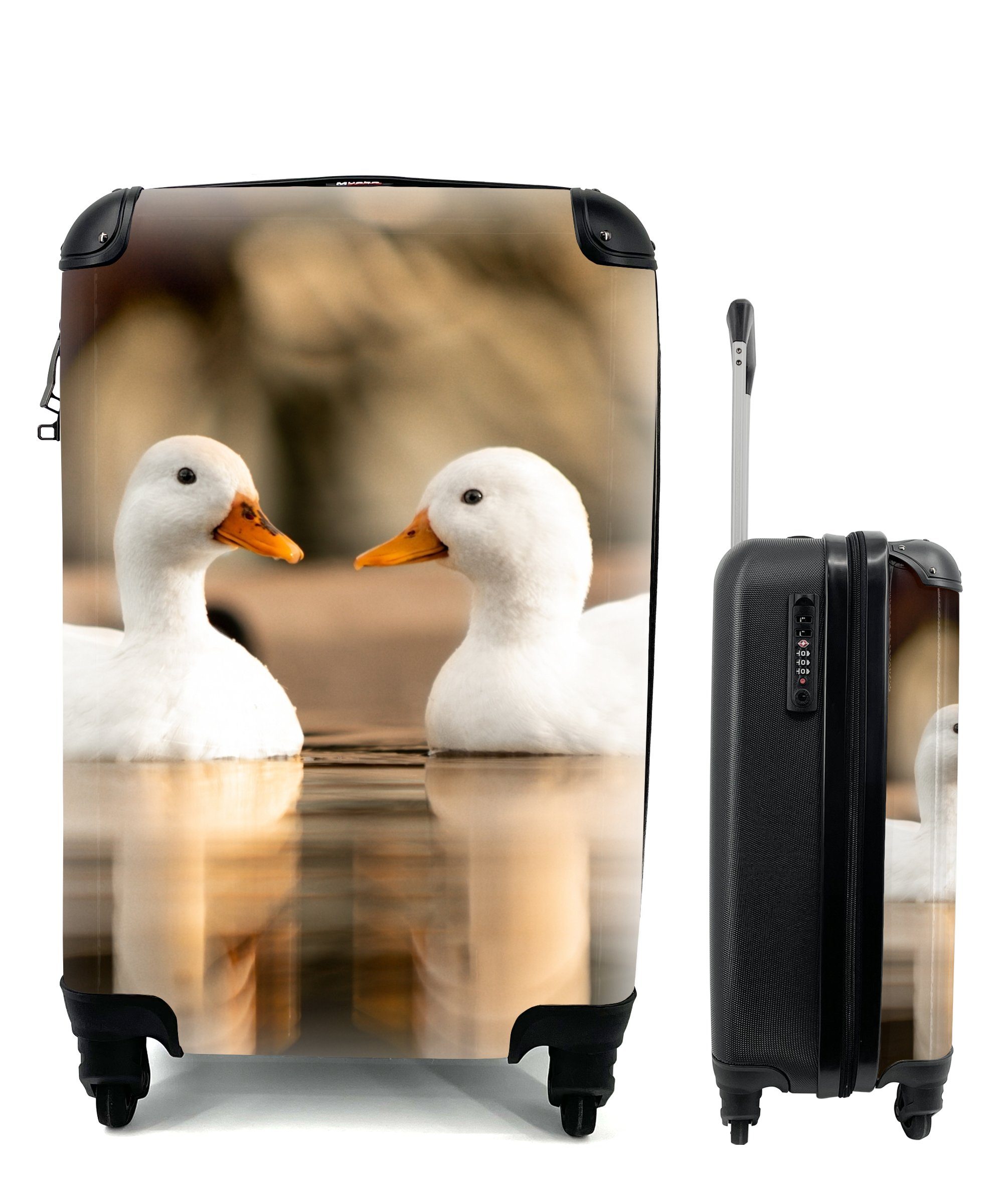 MuchoWow Handgepäckkoffer Ente - Weiß Reisetasche rollen, Vogel Reisekoffer Trolley, - mit - Tiere - 4 Enten, Handgepäck Rollen, für Ferien, Wasser 