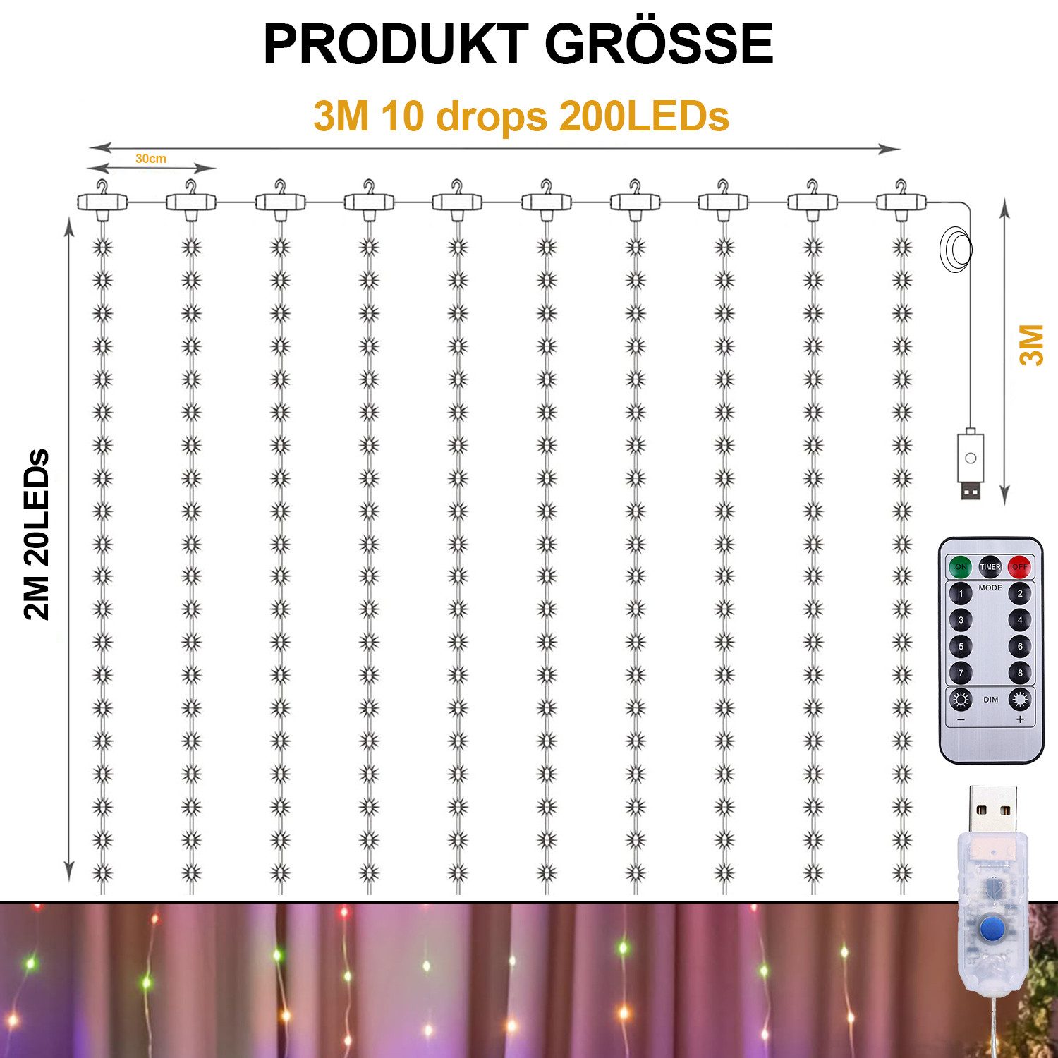 Sunicol LED-Lichtervorhang Wasserdicht 3M Wasserfall Lichterkette günstig online kaufen