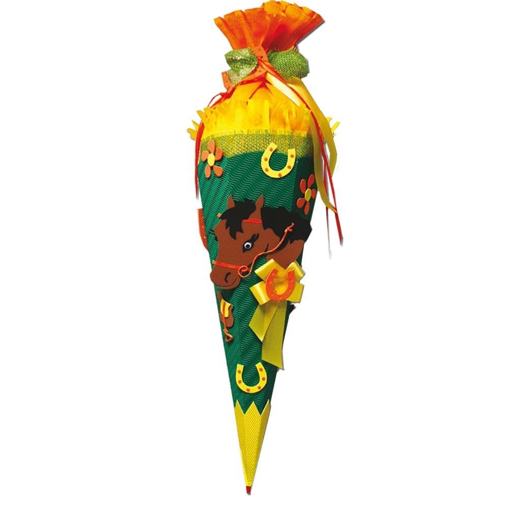 Roth Schultüte Basteltüte Pferd, 68 cm, eckig, mit orangem Kreppverschluss, Zuckertüte zum Basteln