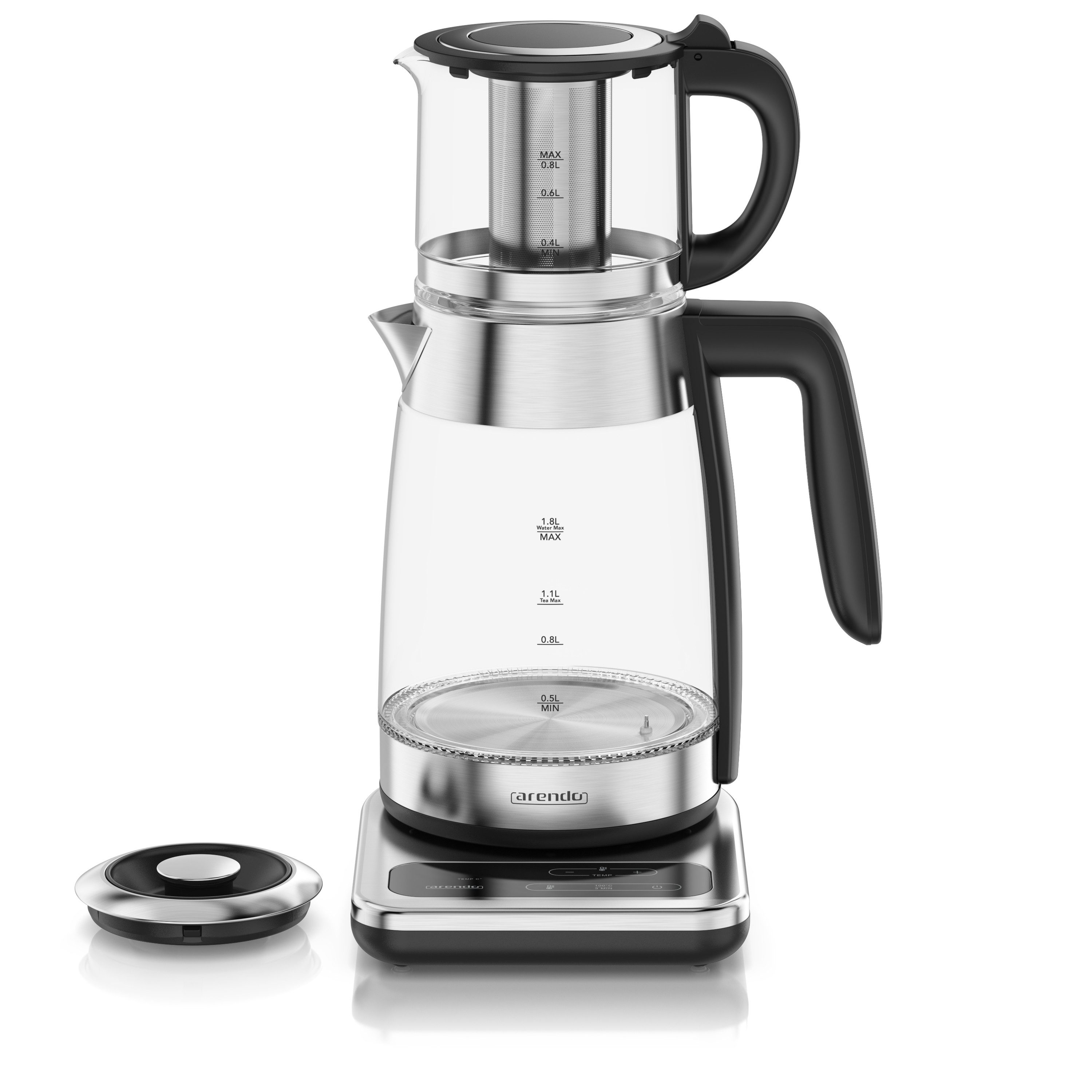 Arendo Wasserkocher 2in1 Glas-Teebereiter & Samowar mit Temperatureinstellung 40°-100°C, 1.8 l, 2200 W, Edelstahl, 2in1 Teestation, 1,8L & 0,8L, 40-100°C, 2h Warmhalten