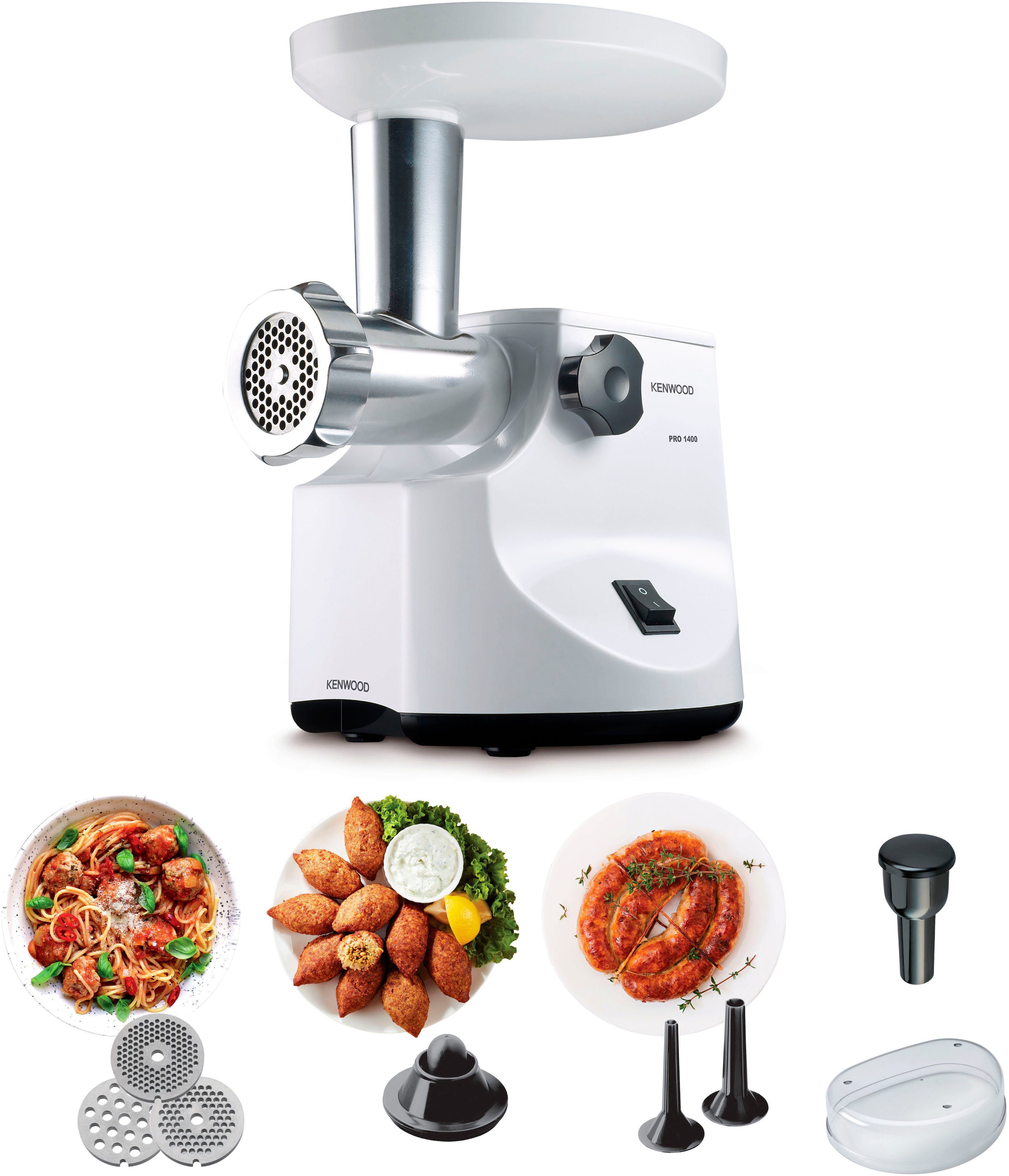 KENWOOD Fleischwolf MG 450, 1400 W, 2 Wurstfüllaufsätze, 1 Kebbeaufsatz, 3 Lochscheiben