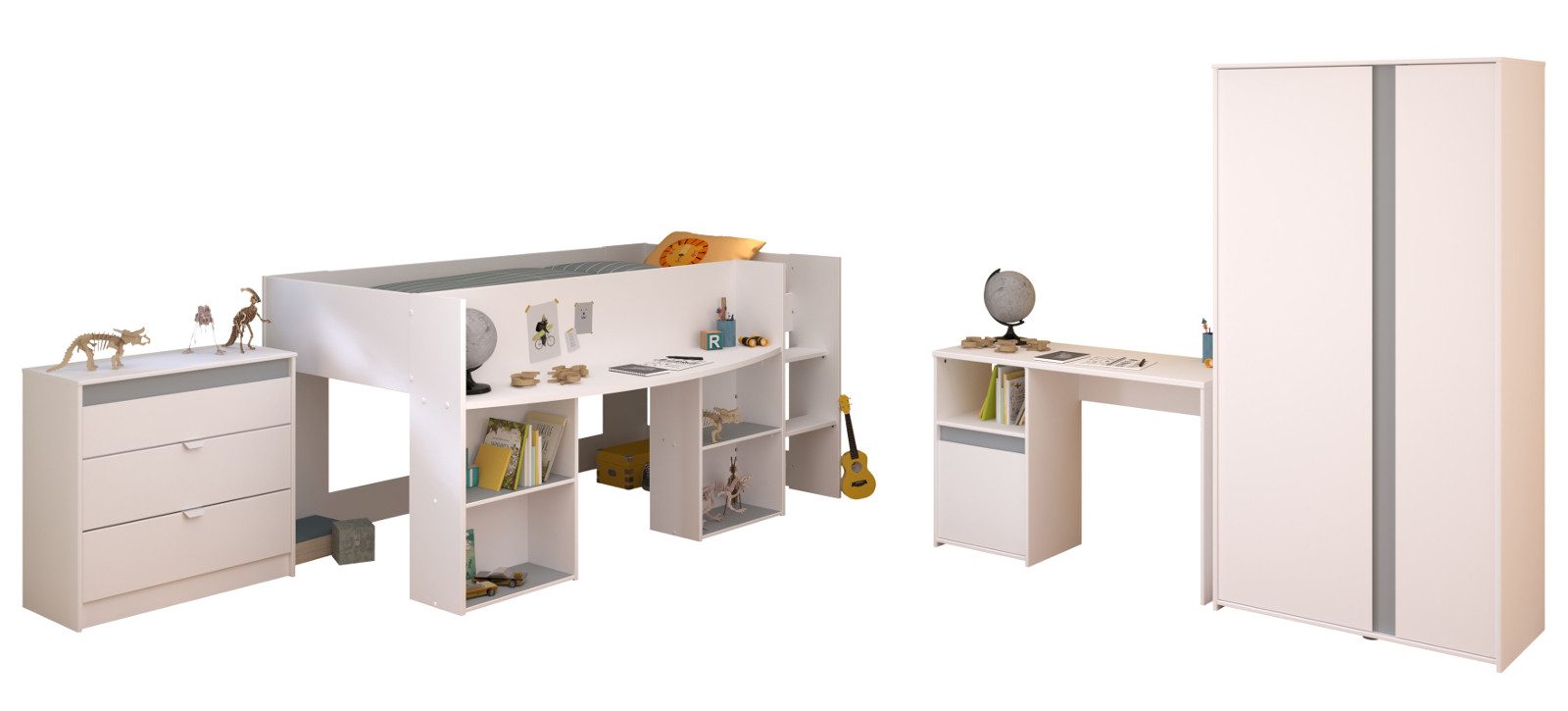 Parisot Jugendzimmer-Set Pirouette, (Komplett-Set 4-teilig in weiß, mit Hochbett und Kleiderschrank), kein extra Lattenrost erforderlich