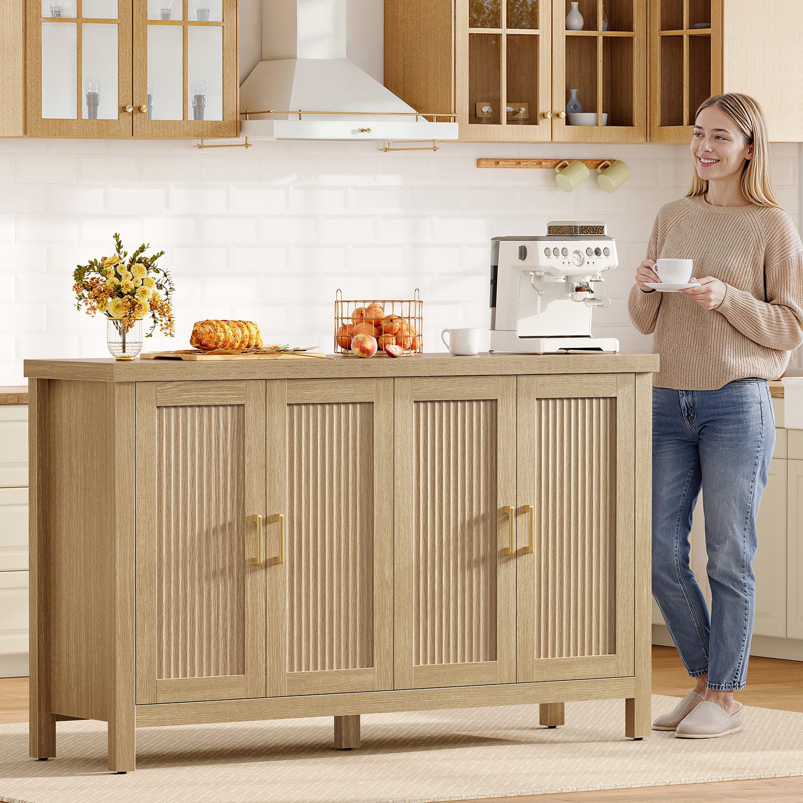 TEENFON Sideboard 140 cm breites Sideboard (mit gestreiften Türen und goldenen Griffen) (1 St) – Bild 4 von 5