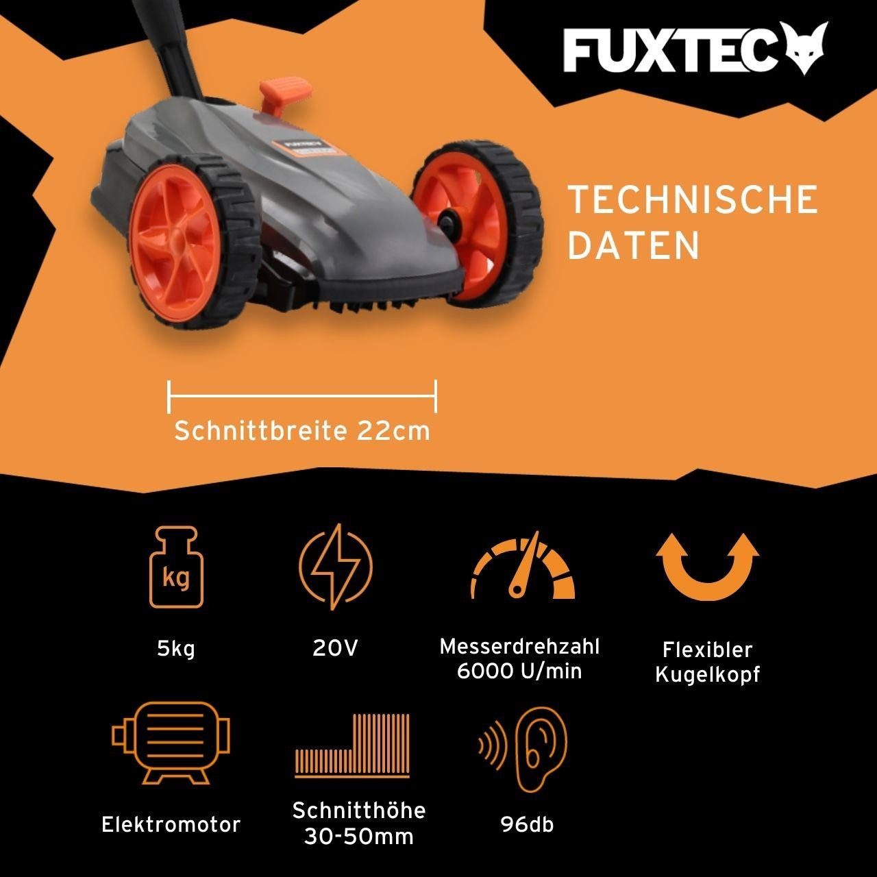 FUXTEC Akkurasenmäher FX-E1RMEH20, 22 cm Schnittbreite, flexible Kugelkopfsteuerung, kompakt, 3-fache Schnitthöheneinstellung