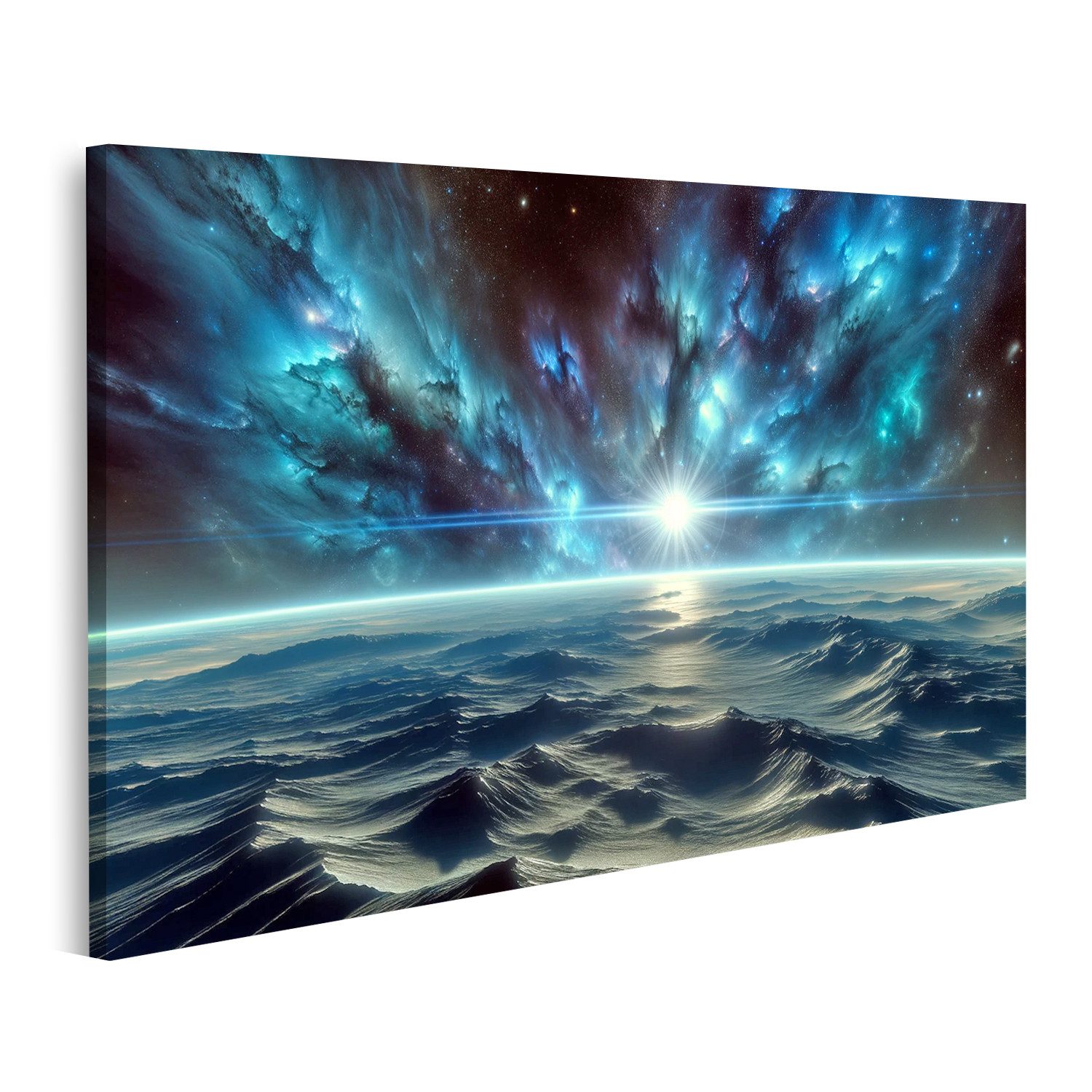 Leinwandbild Dramatische Weltraumszene Blick von Planetenoberfläche