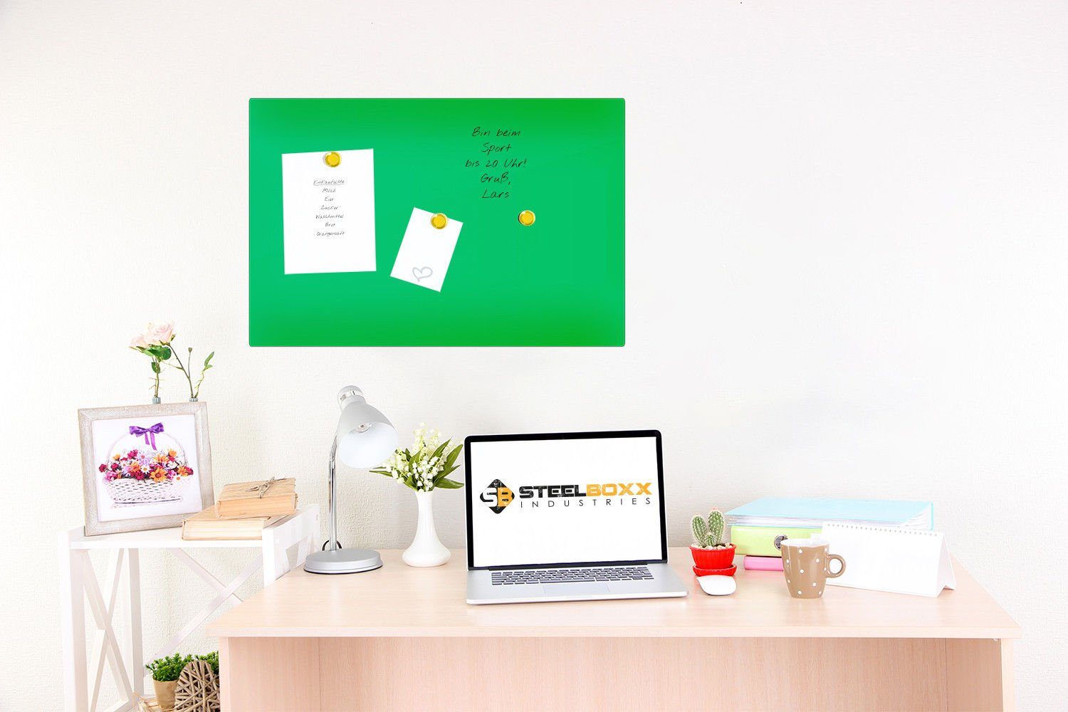 Steelboxx Memoboard Glas Memoboard, 200 x 600 x 40 mm, grün, (Spar Set, 1-tlg), - zum Anheften von Notizzetteln (inkl. 3 Magnete)