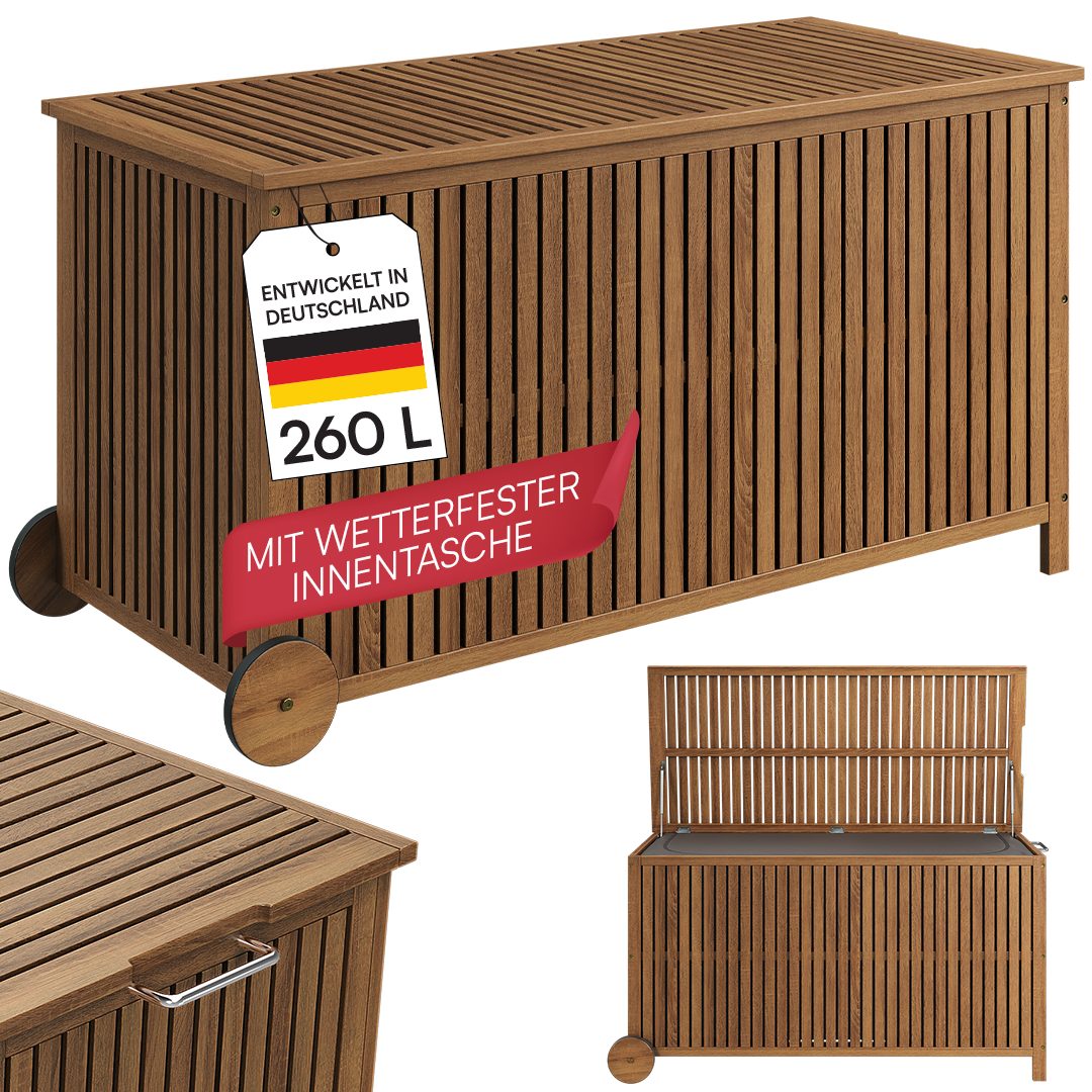 STEELSØN Auflagenbox Alkes Gartenbox aus Akazienholz mit klappbarem Deckel (geölt, mit Rädern & Griff), wetterfeste Kissenbox, hochwertige Innentasche, Sitztruhe für Garten
