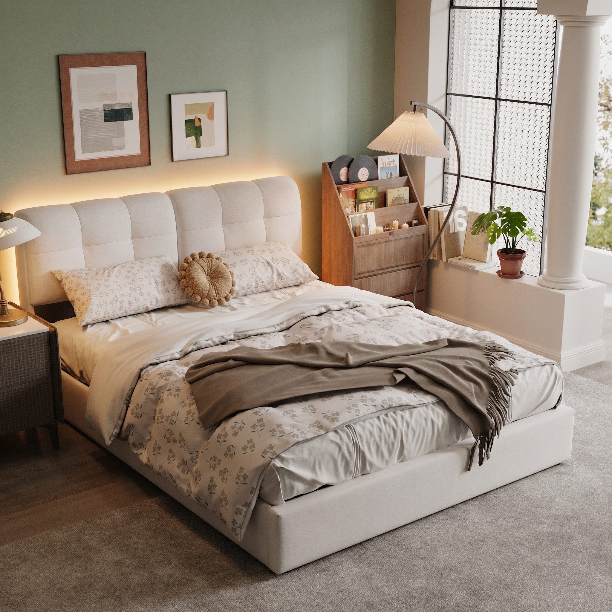 PXloue Stauraumbett Polsterbett mit Stauraum (Hochklappbares Bett 140x200 cm (Stimmungsvolles LED-Lichtband), Cremeweiß, mit stabilem Lattenrost & gepolstertem Kopfteil