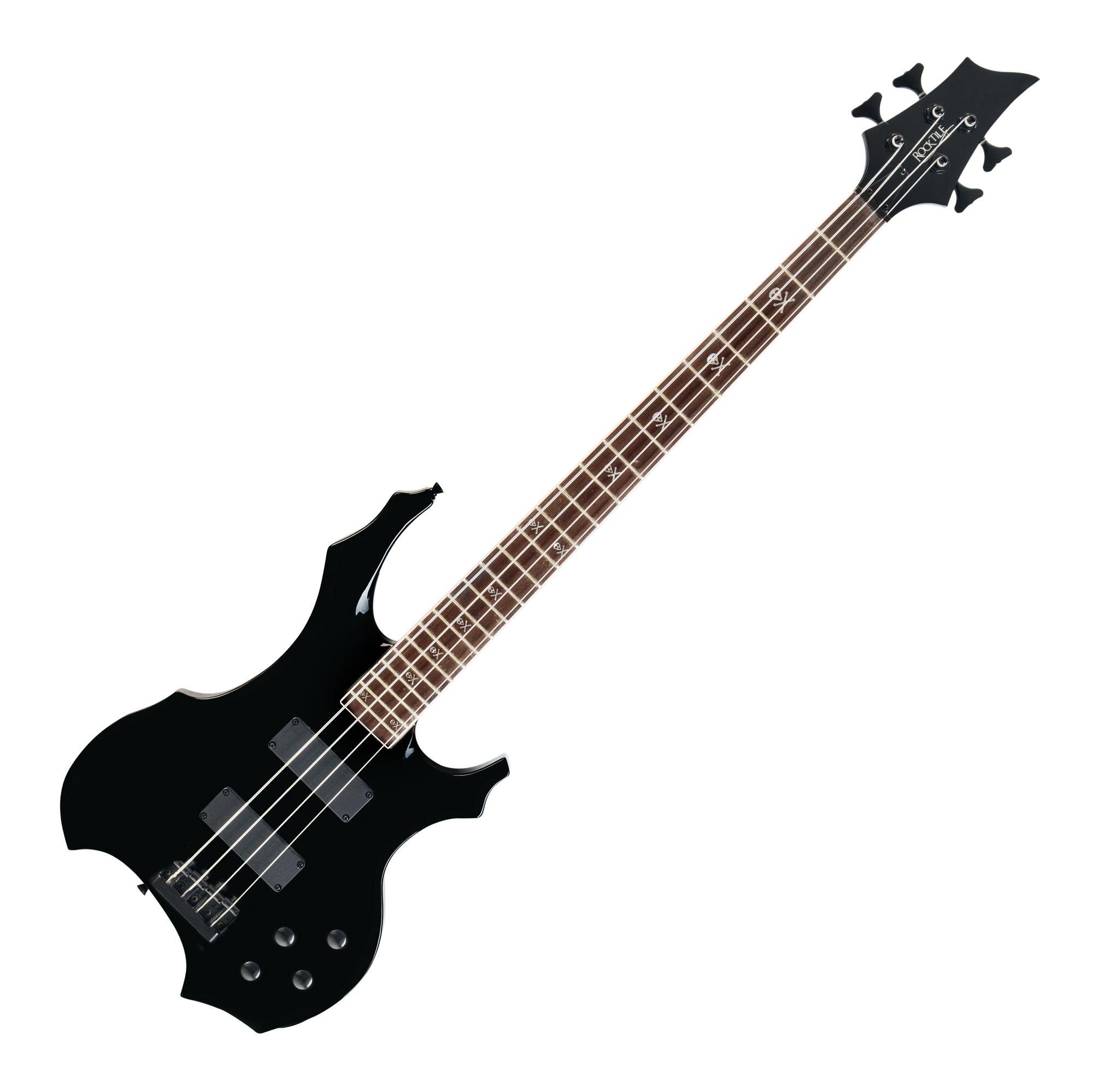 Rocktile E-Bass Pro BB104-B BattleBone E-Bass Black Set, Heavy-Design, Spar-Set, inkl. Tasche, Gitarrenkabel und Gurt, Skull Dots Inlays - 2 Humbucker Tonabnehmer