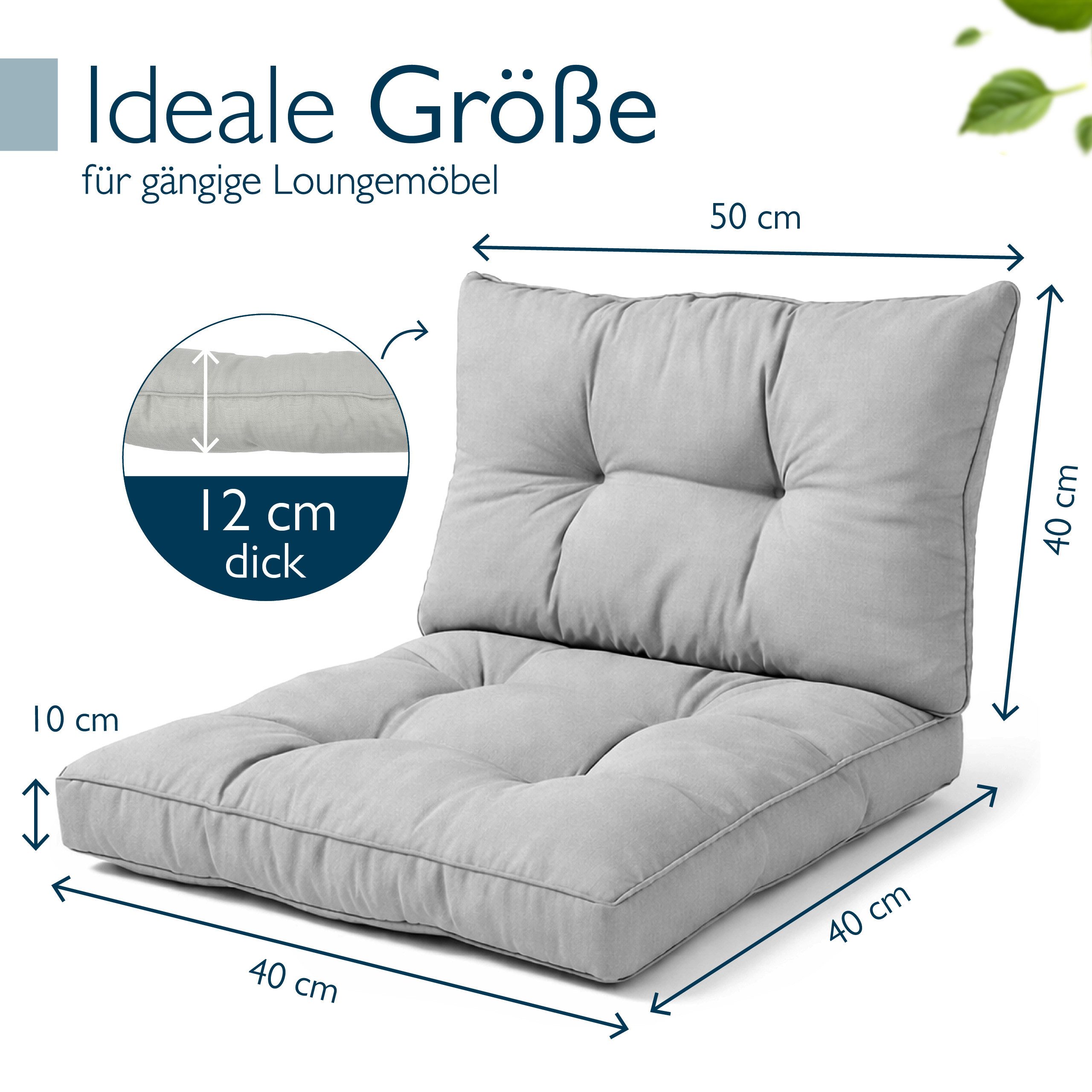 Beautissu Sitzkissen Lounge Kissen Set Outdoor Hellgrau XLuna, 40x40cm, 50x40cm, Sitzkissen Gartenstuhl 10 cm dick Sitzpolster Auflagen für Gartenmöbel