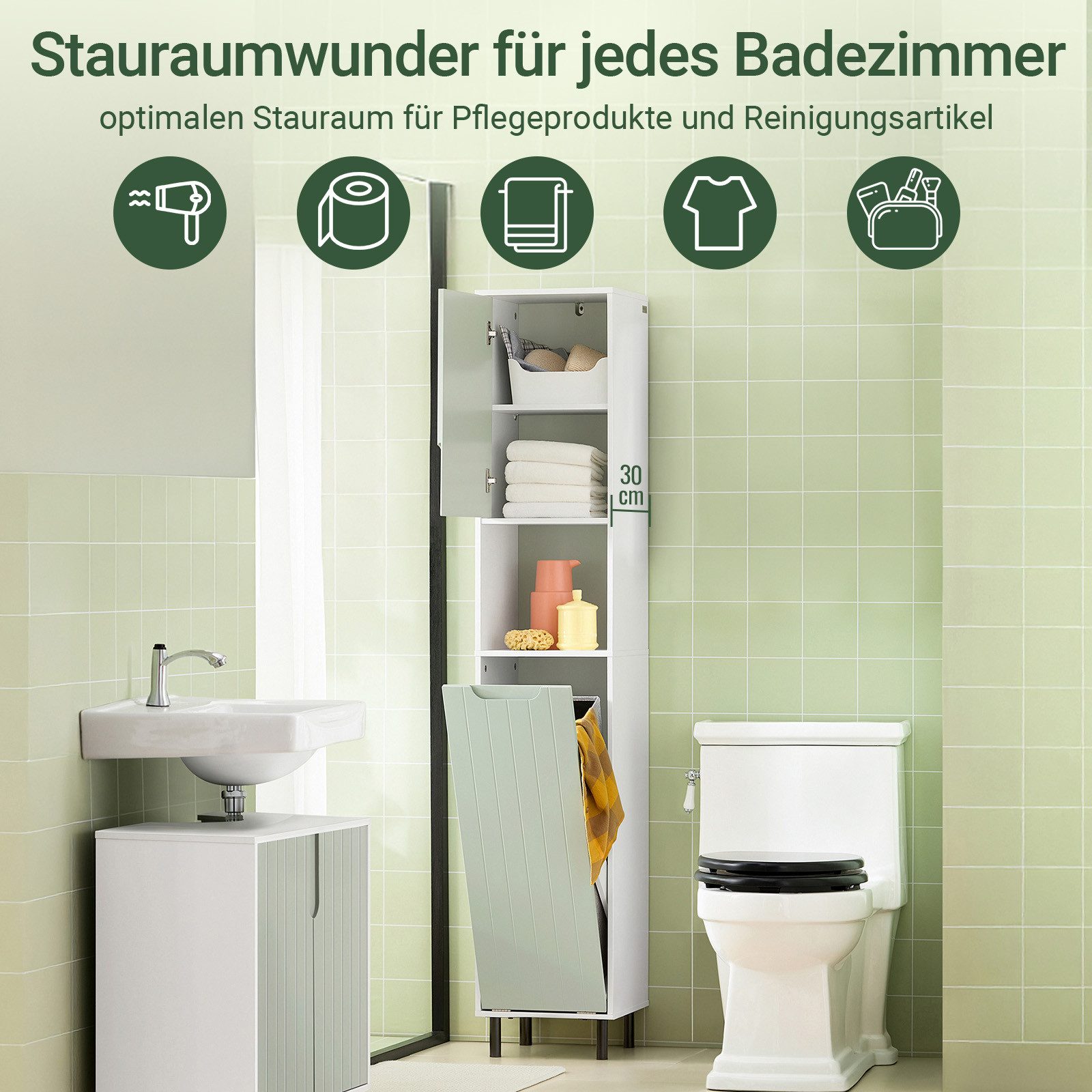 SoBuy Hochschrank BZR137, Badezimmerschrank Hochschrank, Badschrank Schmal, Badkommode Badezimmerschrank mit Wäschesack, verstellbare Ablagen, offenes Fach – Bild 2 von 5