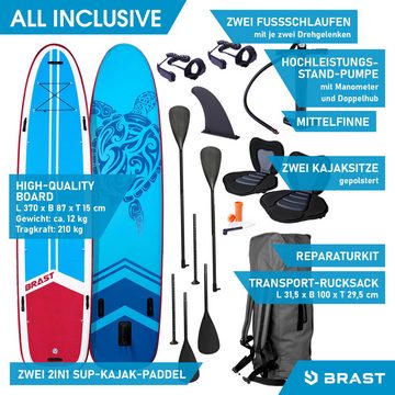 BRAST SUP-Board Family, Aufblasbares Stand up Paddle Set XXL, 370x87x15cm bis 210kg, inkl. Zubehör 2X Kajak-Sitz 2X Fußschlaufe, 2X Paddel Pumpe Rucksack