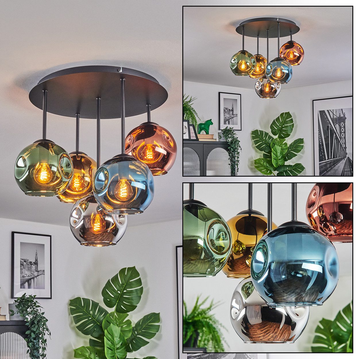 hofstein Deckenleuchte Deckenlampe aus Metall/Glas, Schwarz/Blau/Grün/Kupfer/Gold/Chrom/Rauch, Deckenleuchte im Retro/Vintage-Design (Schirm Ø 15 cm), 5 x E14