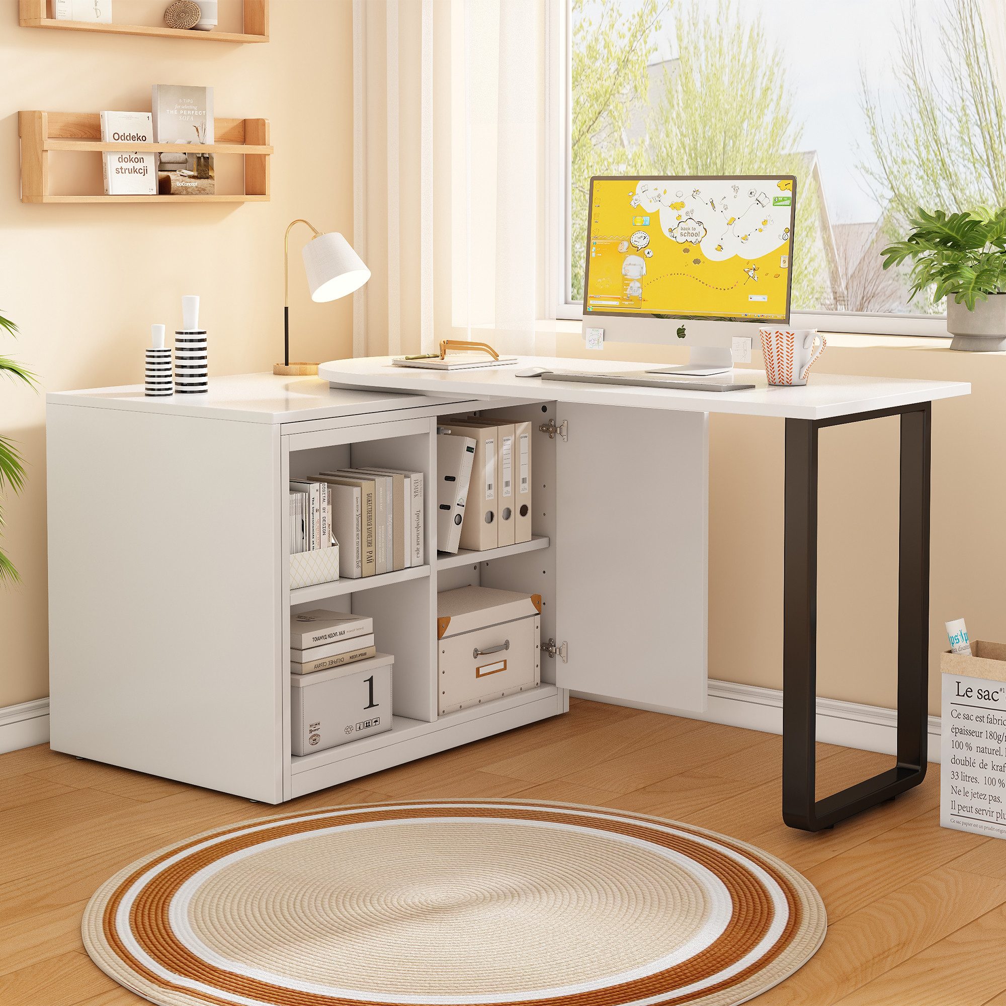 Flieks Schreibtisch Schrankbett/Klappbett mit Matratze & Rollen, drehbar Computertisch (Tischplatte: 116x60 cm, Liegemaße: 90x188 cm, Schrankmaße: 94x66x77 cm, Set, 2-St., 2er Set, Arbeitstisch&Kommode mit verstellbarer Einlegeböden), 2-in-1 Multifunktional Eckschreibtisch mit Ausziehbett/Schrank Weiß