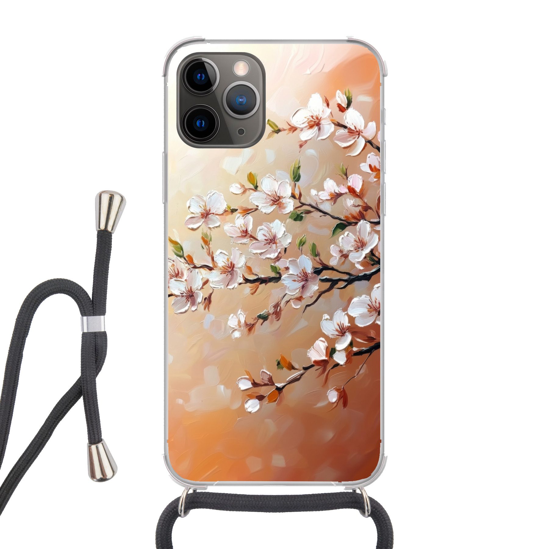 MuchoWow Handyhülle für Apple iPhone 13 Pro Max Blütenzweige - Malerisch - Rosa, Tragbare Handyhüllen mit Kette zum umhängen, Handykette Handyband