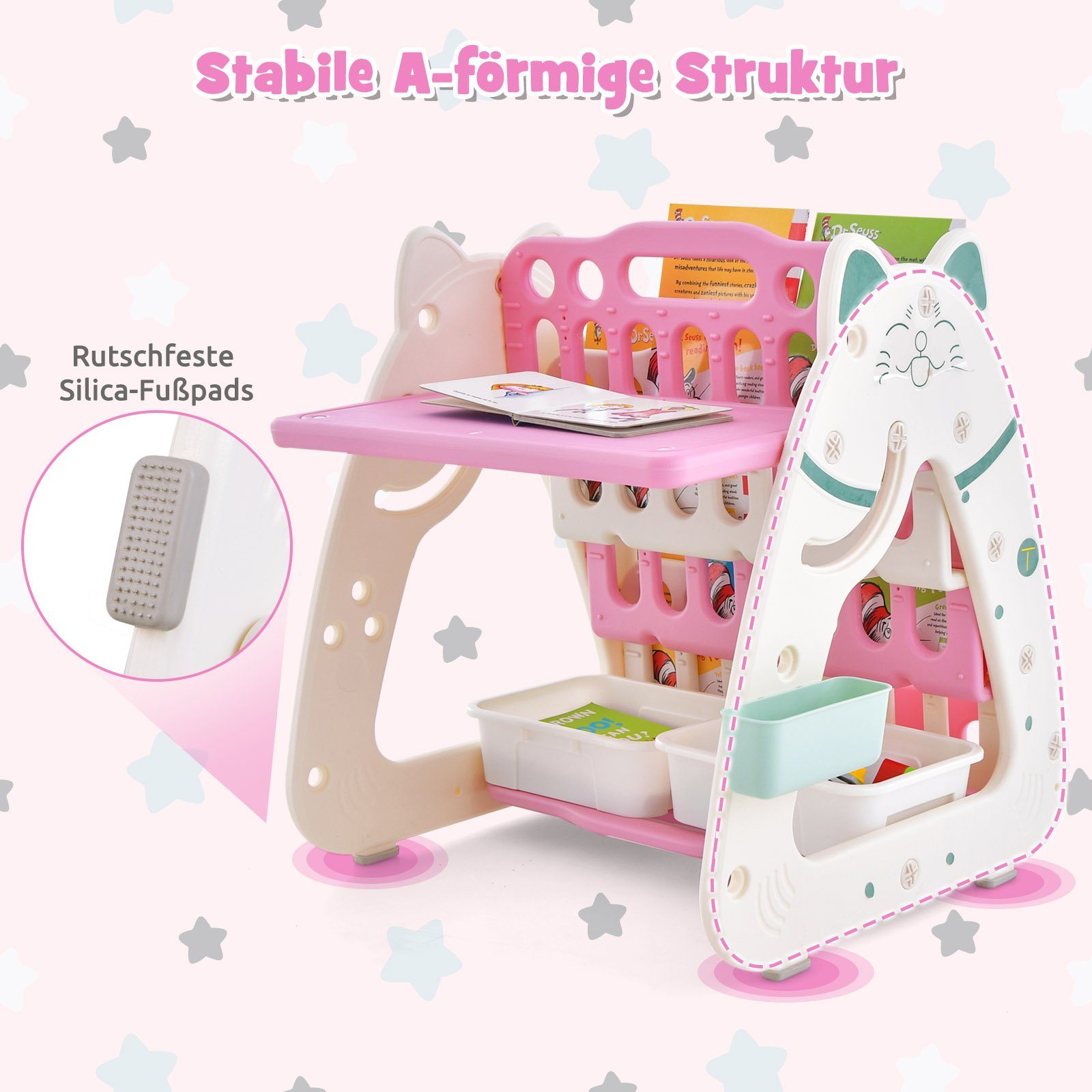 COSTWAY Tafel 3 in 1 Kinder Sitzgruppe, Kindertafel, Bücherregal