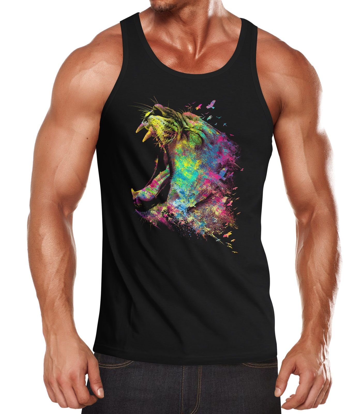 MoonWorks Tanktop Herren Tanktop Screaming Lion Natur Farben Bunt Colors Moonworks® mit Print