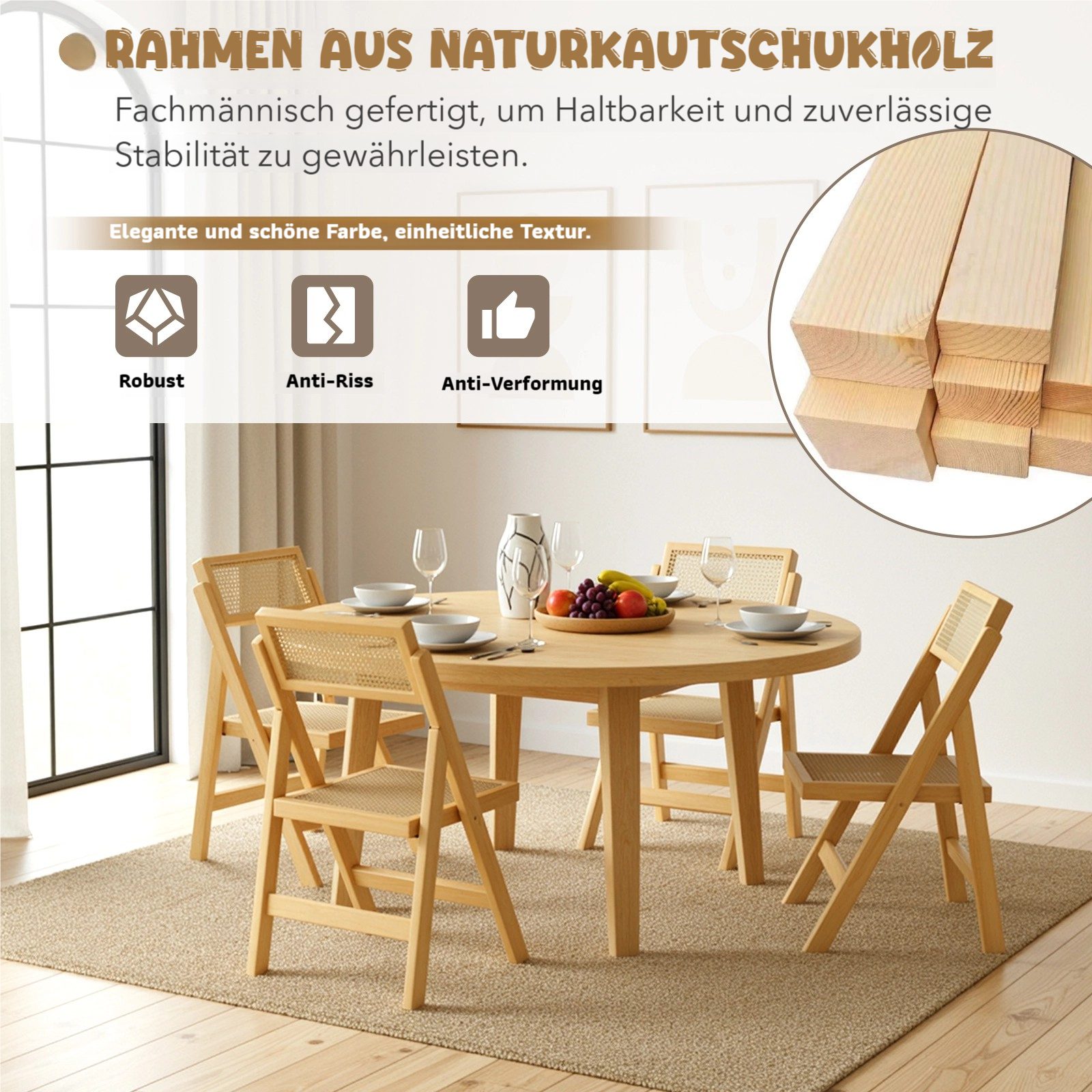 TLGREEN Klappstuhl aus Holz,Faltbar Esszimmerstuhl, (87x46x43cm Rattan Stuhl mit Wiener Geflecht, 2 St), Rattan Stuhl, Balkonstuhl, Naturfarben – Bild 4 von 5