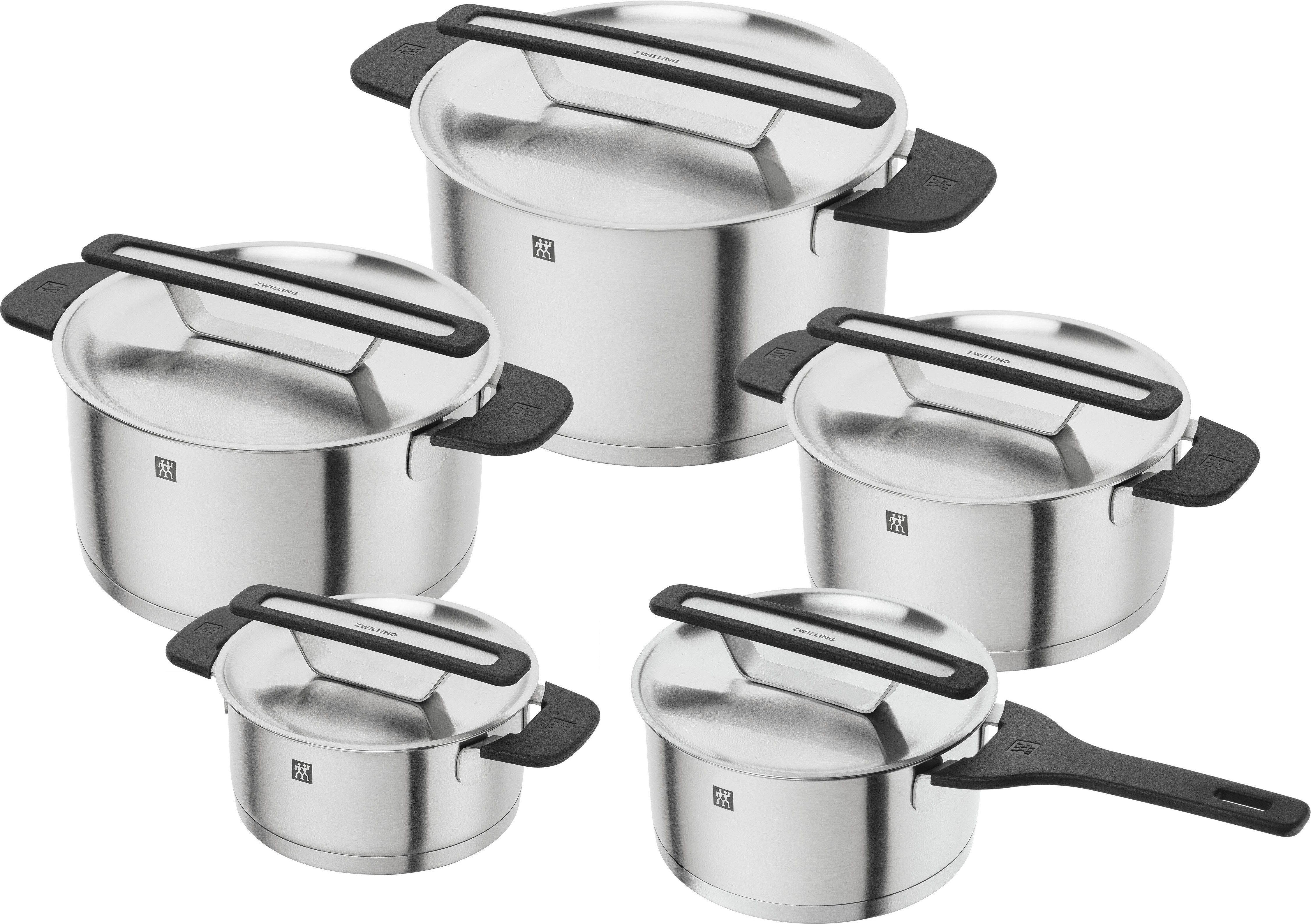 Zwilling Topf-Set More, Edelstahl 18/10 (Set, 5-tlg., 4 Kochtöpfe (16, 20, 22, 24 cm), 1 Stieltopf (18 cm), Stapelbar, innovativer Deckel, Kühlbleibende Griffe, Deckelhalterung