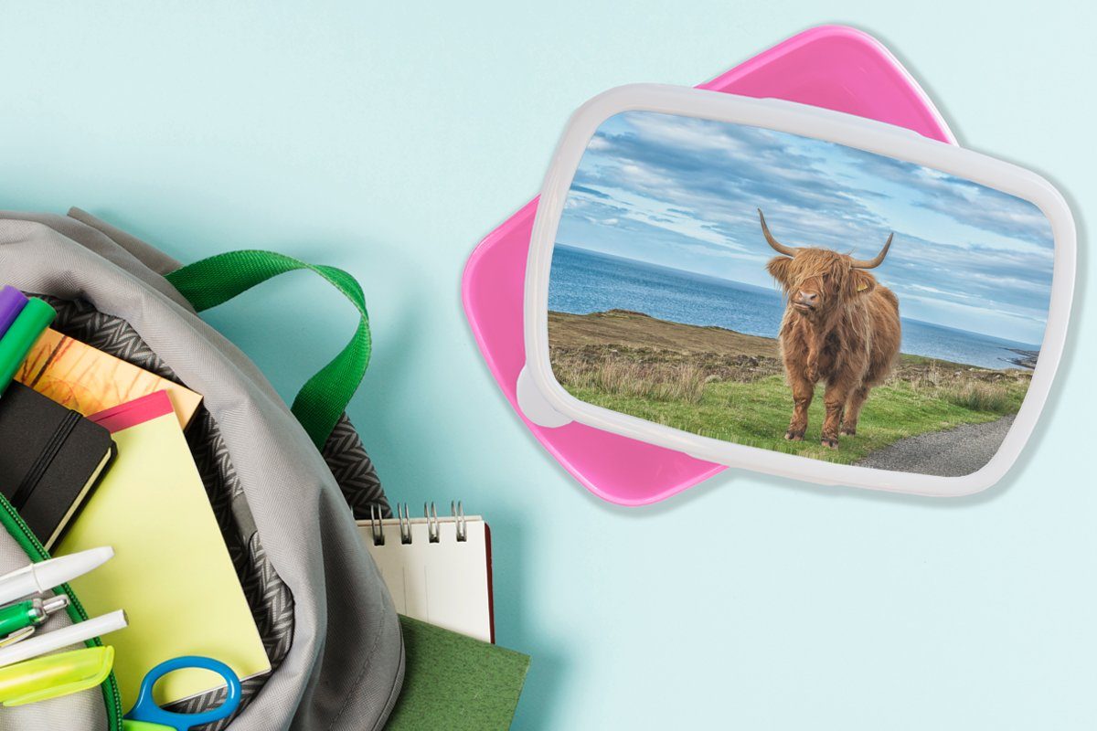 Snackbox, MuchoWow Brotdose Wolken Kunststoff für Highlander Schottische rosa Brotbox Landschaft, Mädchen, - Kunststoff, Kinder, Lunchbox (2-tlg), Erwachsene, -