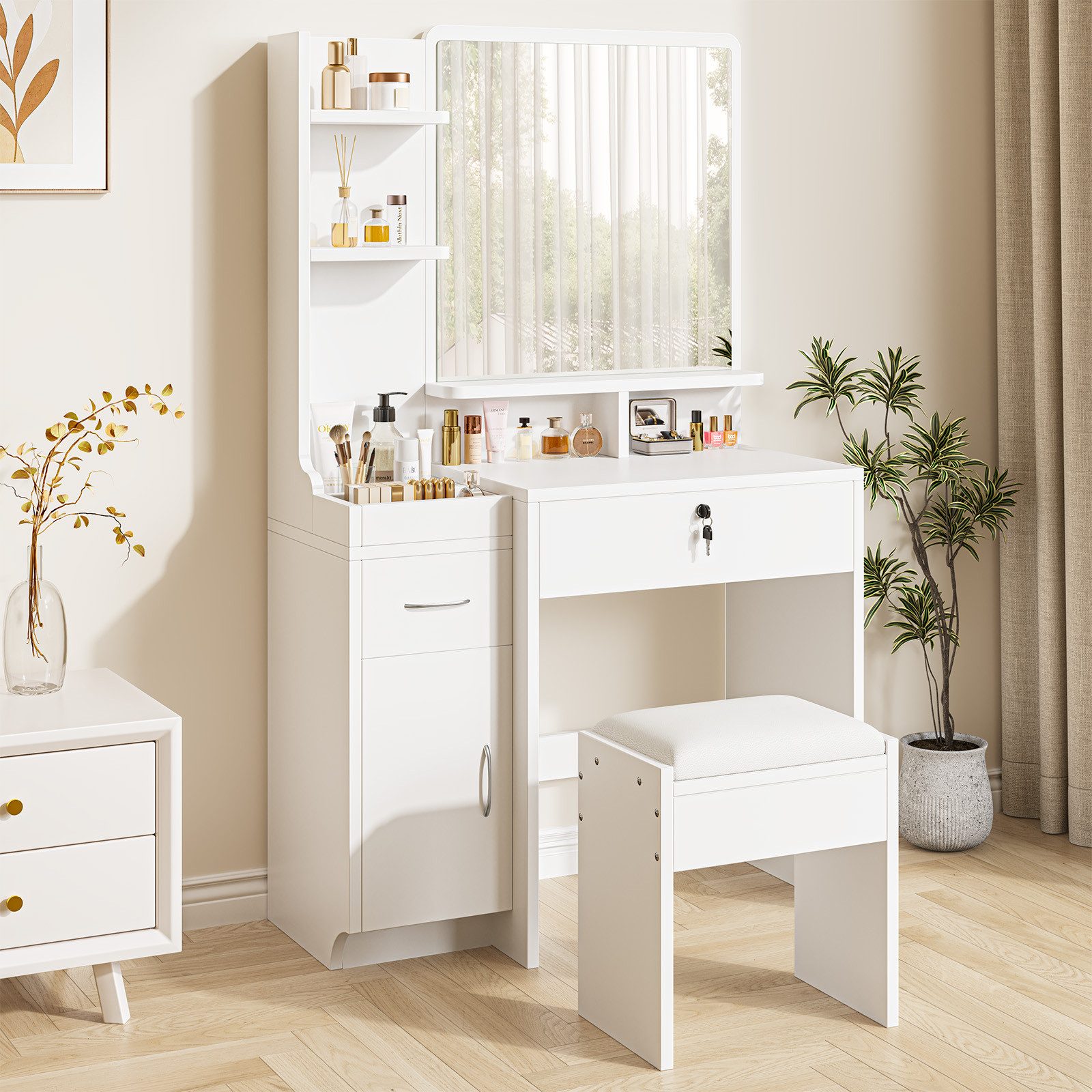 Dripex Schminktisch mit Spiegel, Hocker und Schubladen, Weiß, 87 x 38,3 x 141,5 cm, Mit seitlichem Stauraum