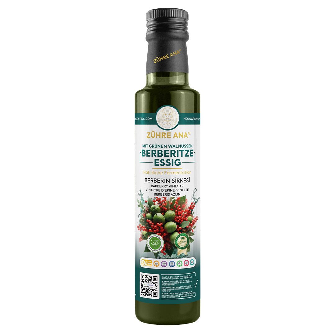 Zühre Ana® Essig Berberitzen Essig mit grüner Walnuss – Mild & natürlich fermentiert, 500 ml, Enthält keine Zusatzstoffe, Konservierungsmittel oder künstliche Arome