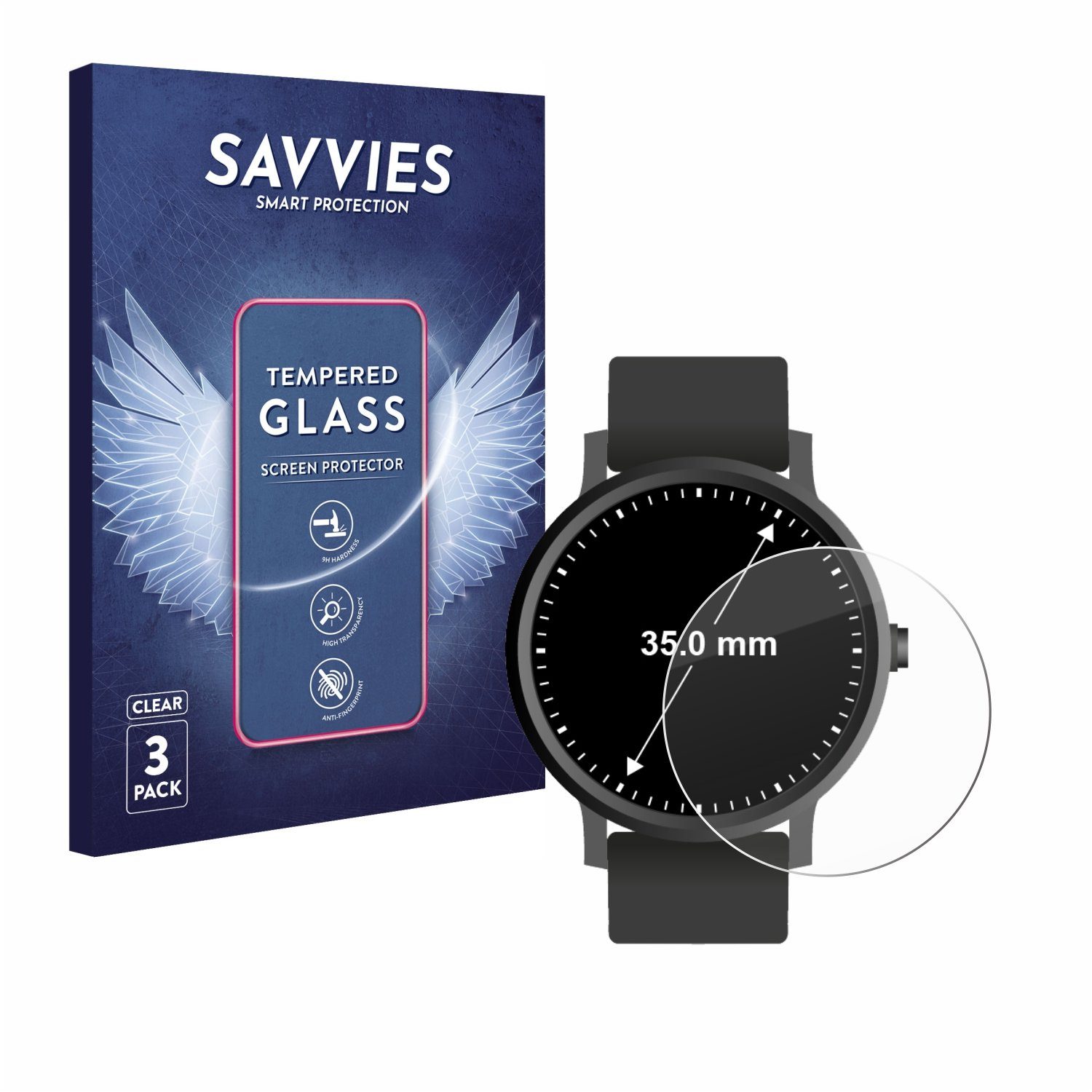 Savvies Displayschutzglas Schutzglas für Armbanduhren (Kreisrund, ø: 35 mm), 3 Stück, Displayschutz 9H Glas Klar Transparent
