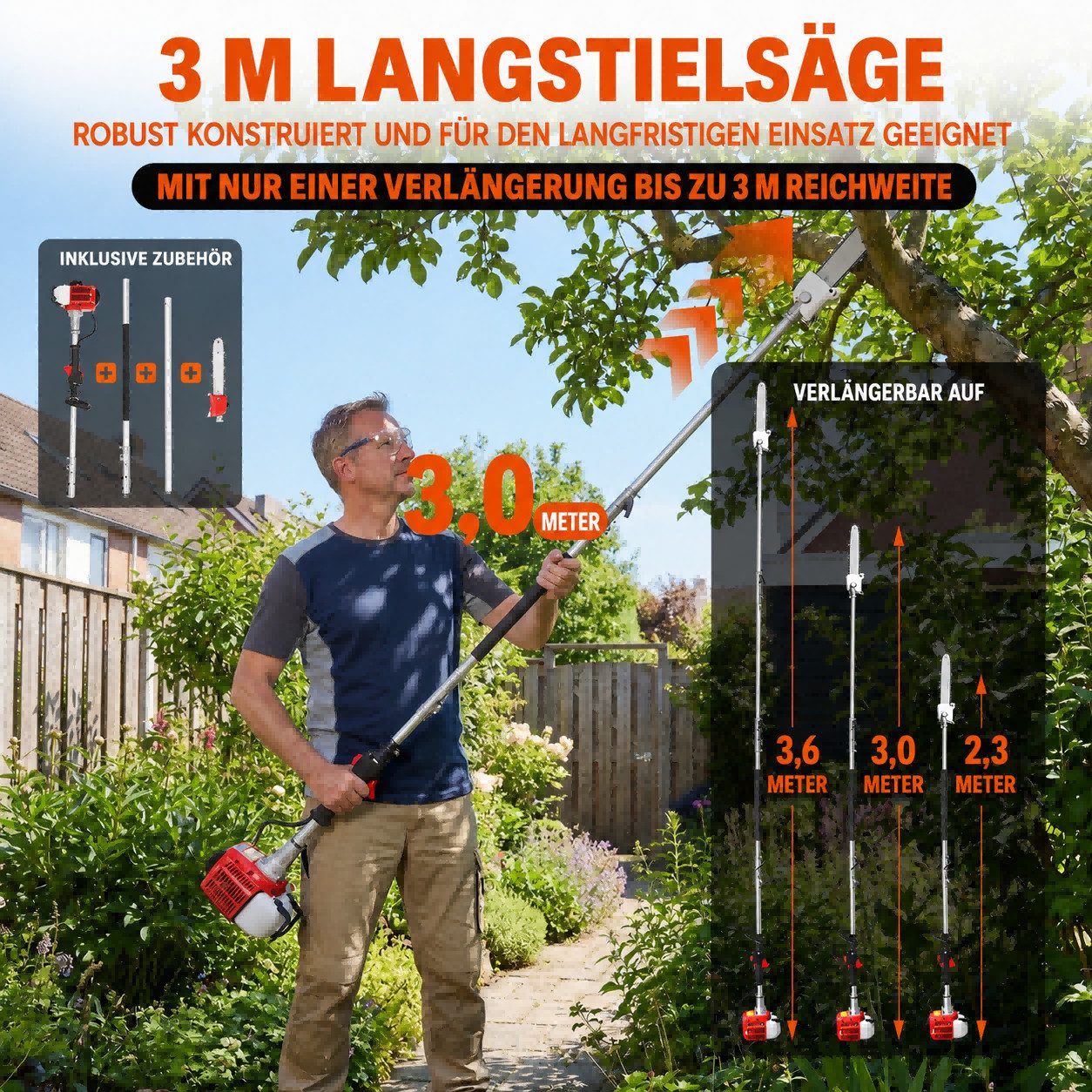 Rutaqian Hochentaster Benzin Hochentaster 26cc, Teleskop Hochentaster 3m, Astsäge 0,65kW, bis 3 m Arbeitshöhe, Motorsäge Teleskop, Garten Hochentaster Benzin kabelloser Hochentaster