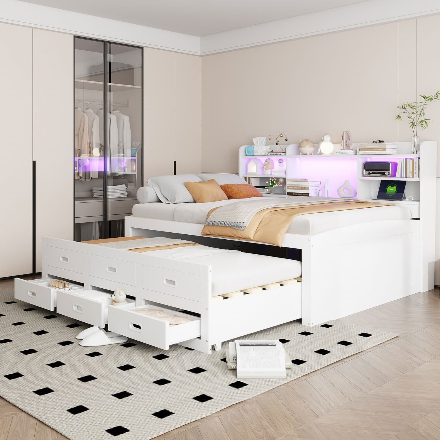 autolock Schlafsofa Schlafsofa,Daybett,Tagesbett,140x200cm,Led-fernbedienung,3 schubladen, Nachttischablage, Multifunktionales ausziehbares Bett mit usb+type-c