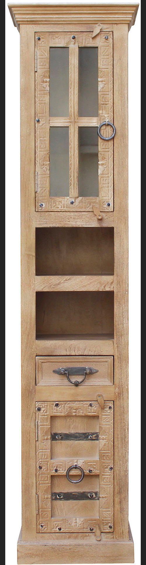 SIT Vitrine Daipur mit Glastür und 1 Schubkasten. 2 offen Fächer geschnitzte Verzierungen, Breite 44/Höhe 188 cm