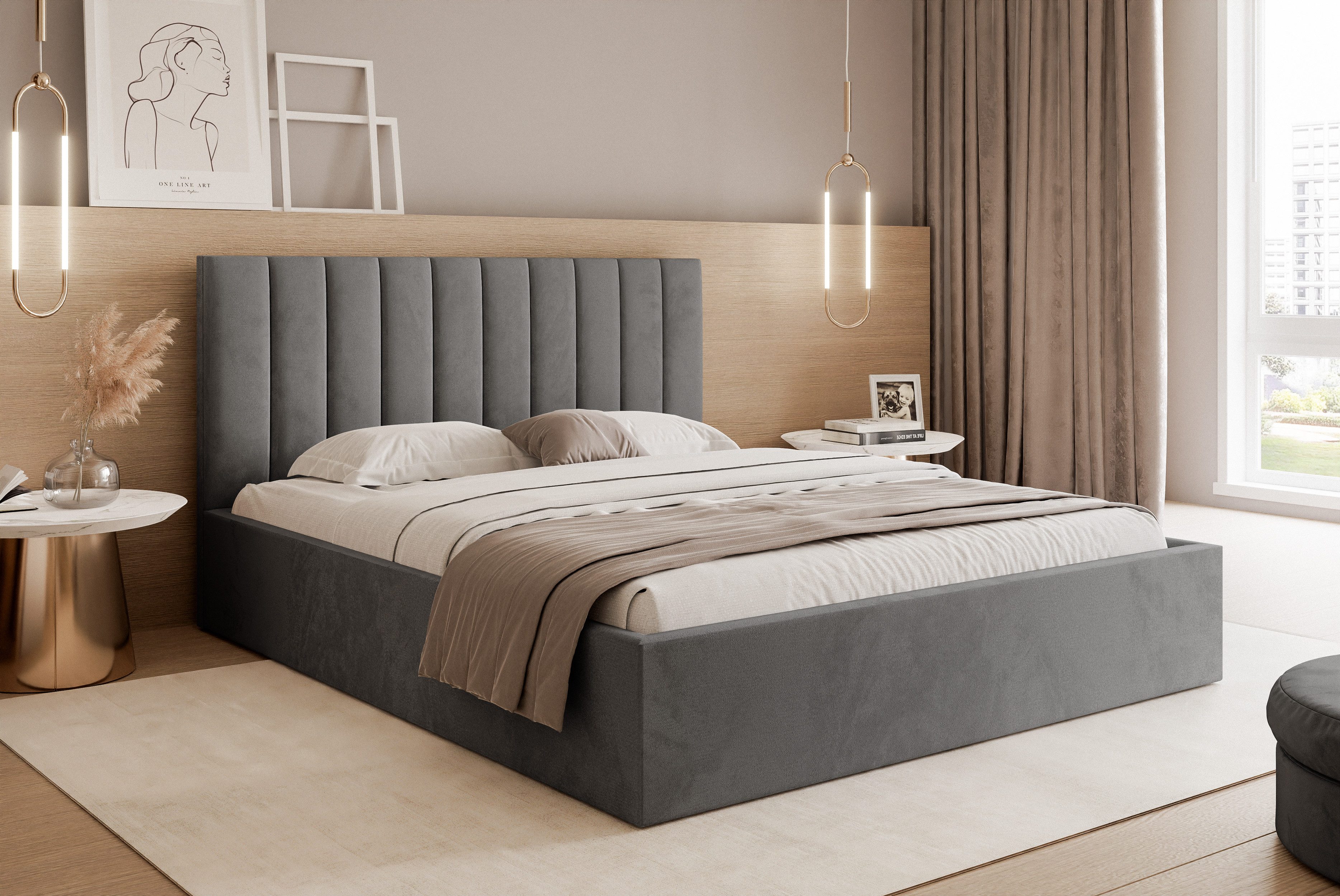 Goldstoff Polsterbett Modernes Bett mit Stauraum günstig online kaufen