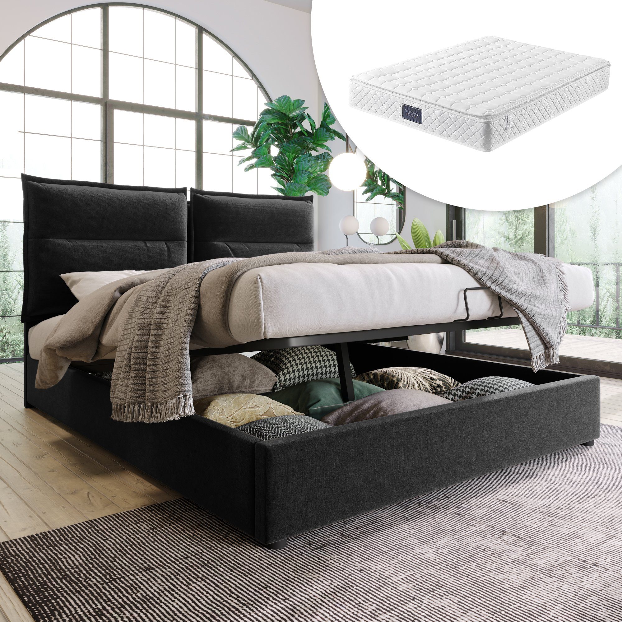 Boxspringbett (Polsterbett Doppelbett mit Lattenrost, Bettkasten und verstellbarem Kopfteil), Hydraulisches Bett Funktionsbett 140x200cm mit Federkernmatratze, Samt