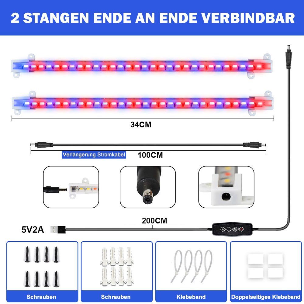 Rosnek Pflanzenlampe Rot-Blau Vollspektrum, Dimmbar, Timer, für Indoor-Pflanzen, USB mit 2 Lichtleisten, Rot&Blau, Sämlinge Blüte Fruchtbildung, LED-Wachstumslicht-Streifen