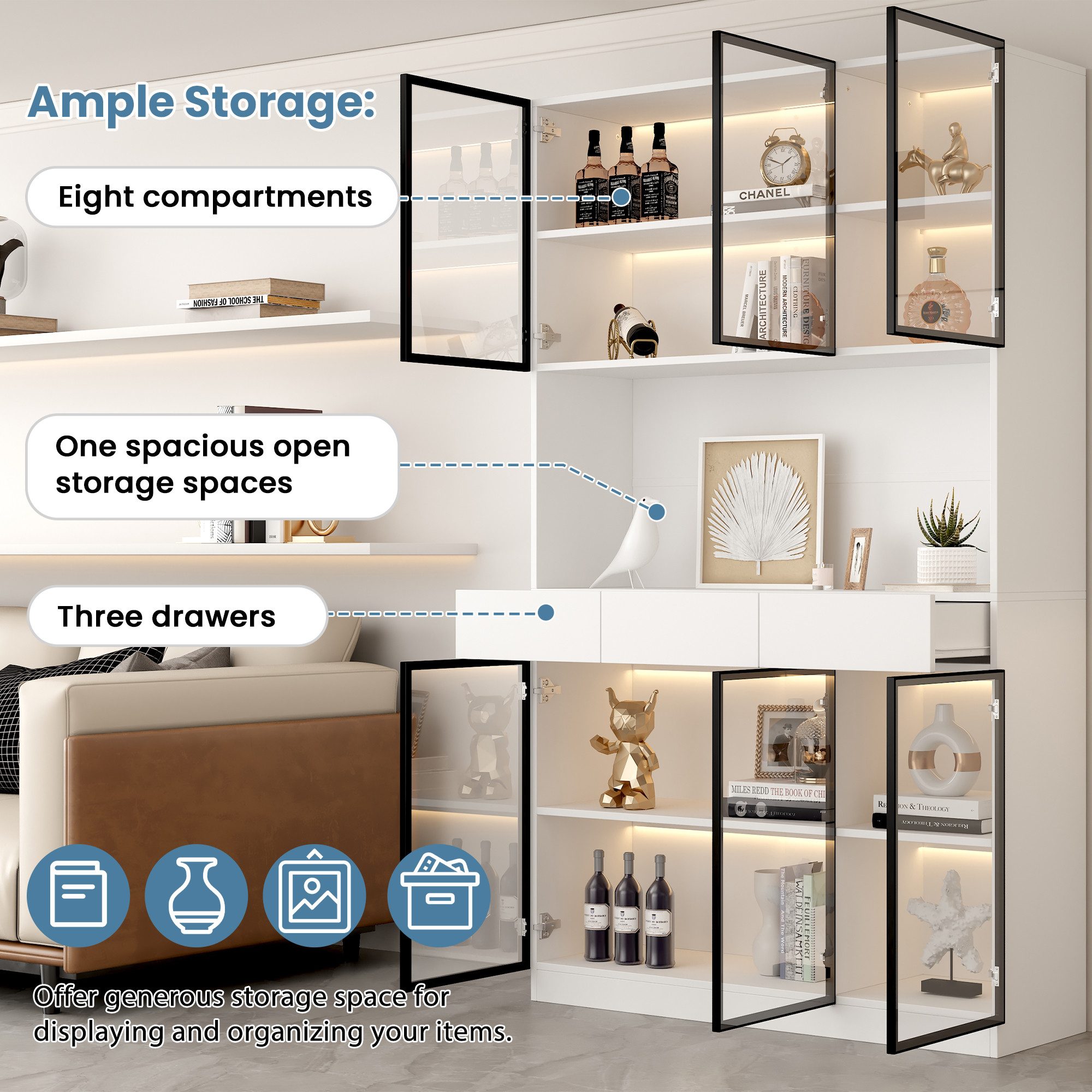 Odikalo Vitrine Vitrine Modern Vitrine mit Schubladen Vitrine 3-türig 200cm Weiß Multi Storage Bücherregal Sammlung,8 Fächer, griffloses Design