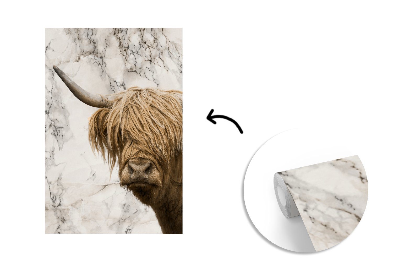 Tapete Kuh St), Vinyl Schottischer - (3 Wohnzimmer, bedruckt, Highlander Matt, - MuchoWow Fototapete für Wandtapete Marmor, Montagefertig