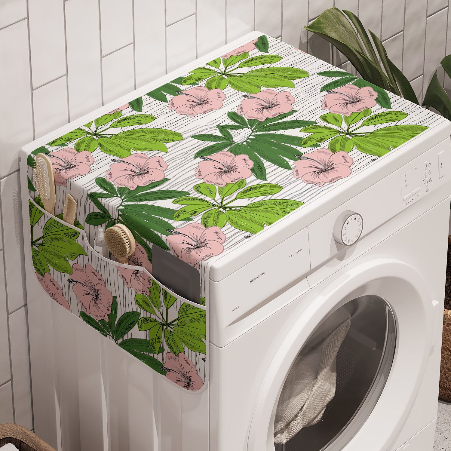 Abakuhaus Badorganizer Anti-Rutsch-Stoffabdeckung für Waschmaschine und Trockner, Tropisch Hibiscus Flora Hand gezeichnet