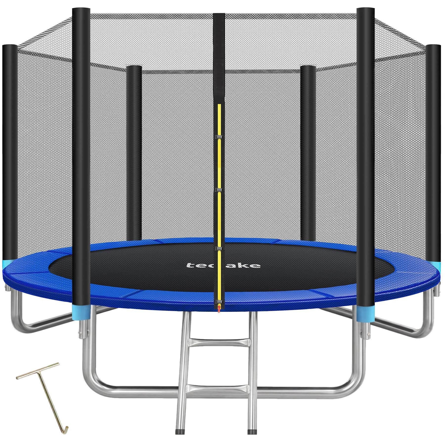 tectake Gartentrampolin Kindertrampolin mit Einstiegsleiter und Sicherheitsnetz Ø 305 cm, (Outdoortrampolin Garfunky, in schwarz/blau), GS zertifiziert, Randabdeckung, reißfestes Sprungtuch