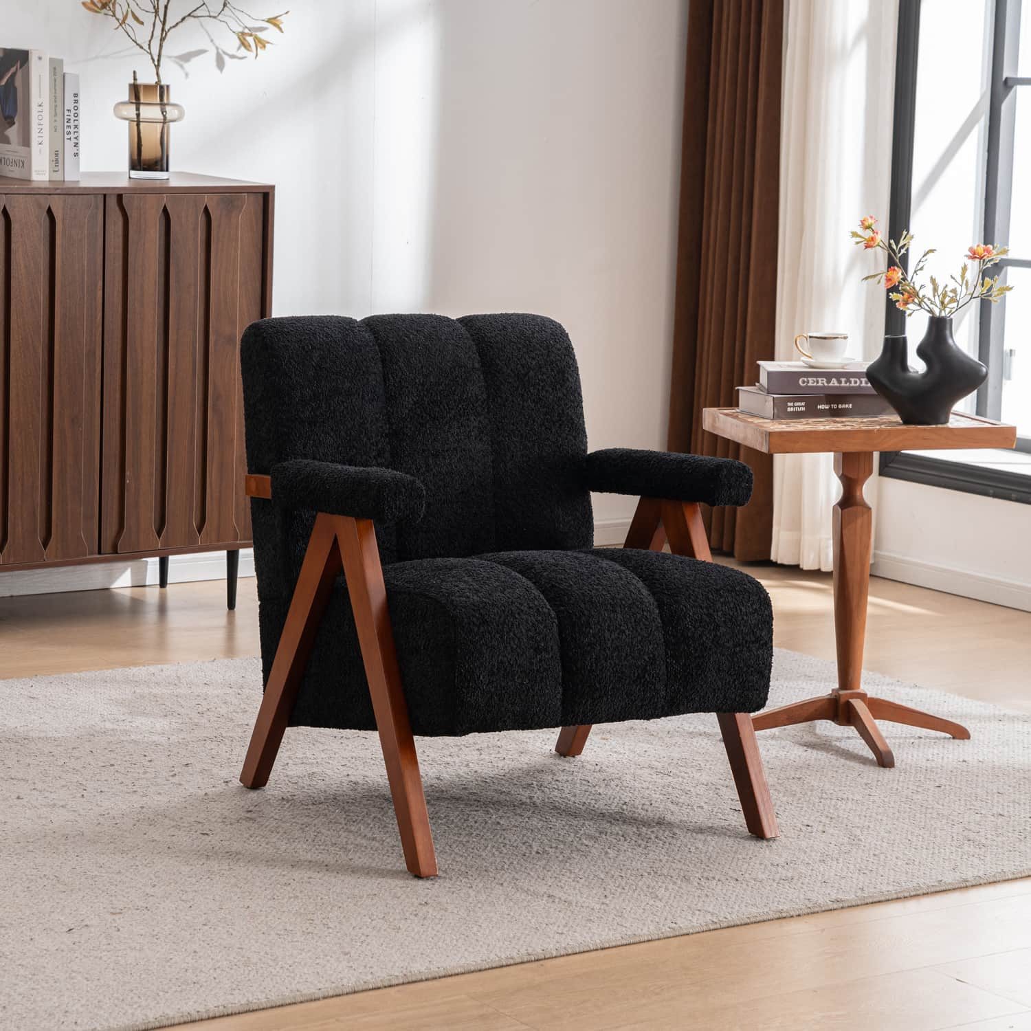 ANYSUN Loungesessel mit Bouclé-Bezug, Massivholzrahmen aus Eiche & weicher Polsterung (1-St), Bequemer Armlehnsessel Lesesessel für Schlafzimmer & Leseecke,Schwarz