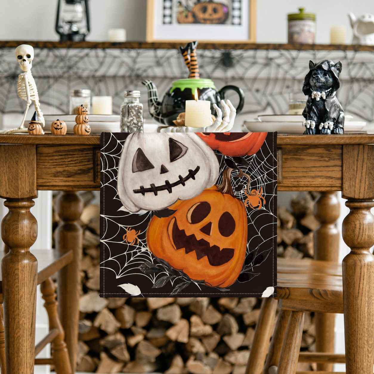 Sorvyzxn Tischläufer Halloween Tischläufer 33 × 183 cm, Spinnennetz & Kürbis Motiv, Für Esstisch, Küche, Herbst & Halloween Deko