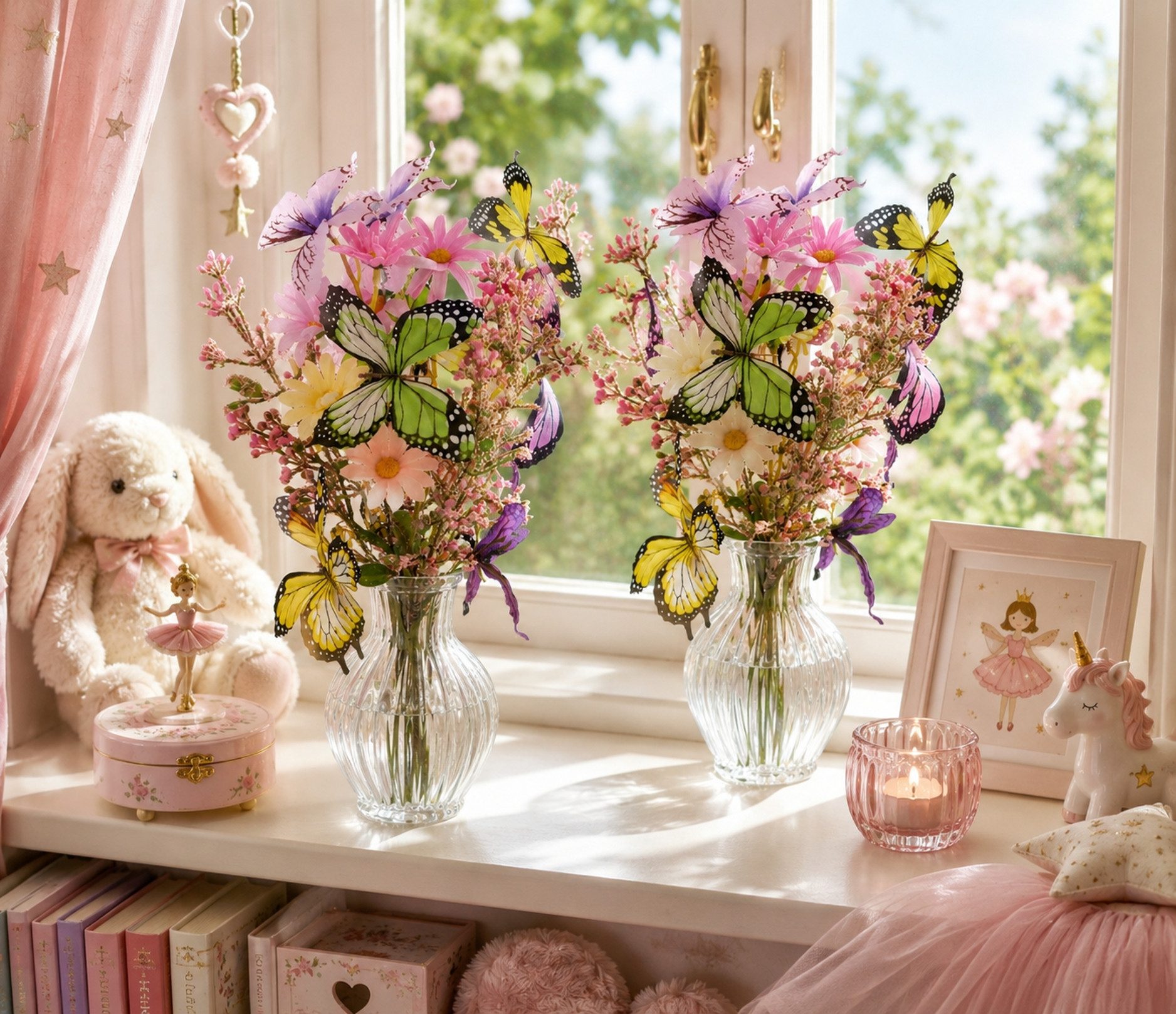Kunstblume Strauß mit Schmetterlingen und Blüten 40cm 2er Set gebunden zum Strauß Margeriten, I.GE.A., Höhe 40 cm, Künstliche Blumen Blumenstrauß Bouquet Deko Zweig Blumendeko Hochzeit