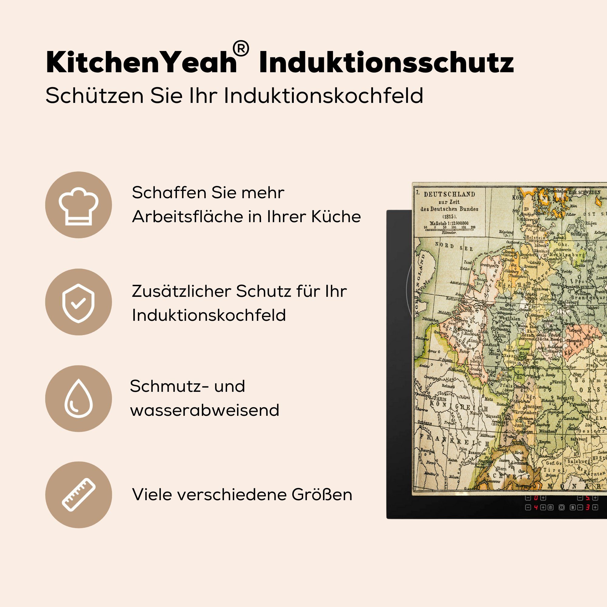 Landkarte Antike Arbeitsplatte für küche cm, MuchoWow Herdblende-/Abdeckplatte Vinyl, tlg), Deutschland, (1 Ceranfeldabdeckung, 78x78 von