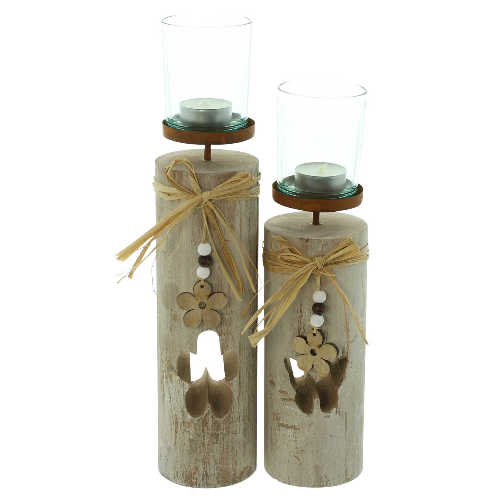 Windlicht Säule "Blüten" Windlichtsäule aus Holz & Glas Holzsäule mit Kerzenglas