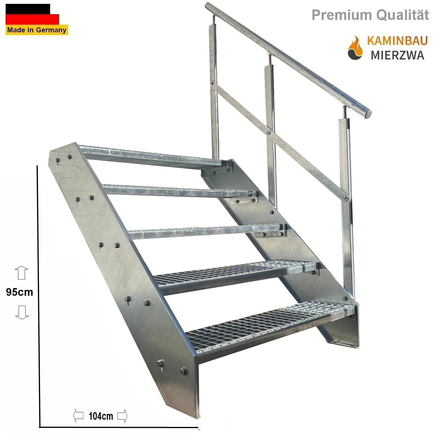 Thumbnail - Kaminbau Mierzwa Außentreppe Premium Treppe Verzinkt mit und ohne Geländer, für Geschosshöhen bis 95.00 cm, Stufen Gitte...