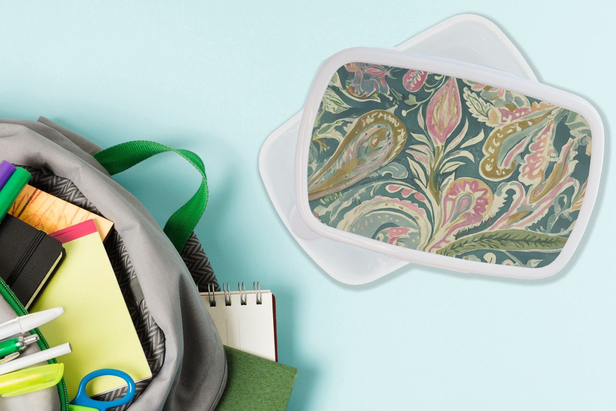 MuchoWow Lunchbox Gemustert - Bunt - Verschnörkelt - Grün, Kunststoff, (2-tlg), Brotdose Schule oder Arbeit, Brotbox für Kinder und Erwachsene
