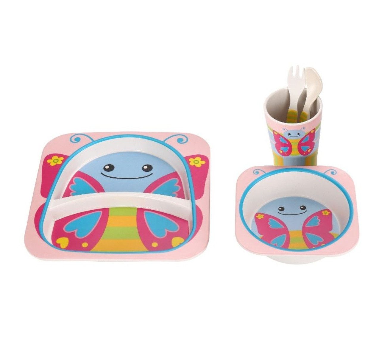 Cheffinger Kindergeschirr-Set 5-tlg aus Bambus in Schmetterlingsdesign - robust & bunt (5-tlg), Bambus
